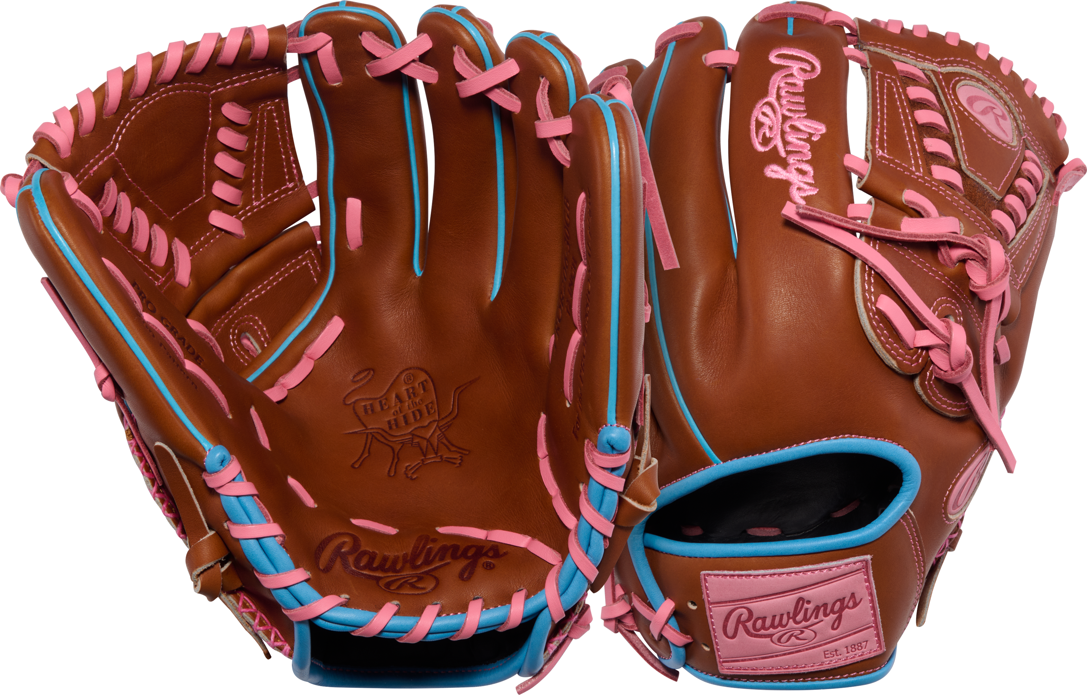 Rawlings PROR206-30GB Baseball Glove combination front/back view showing the laced two-piece web and pocket