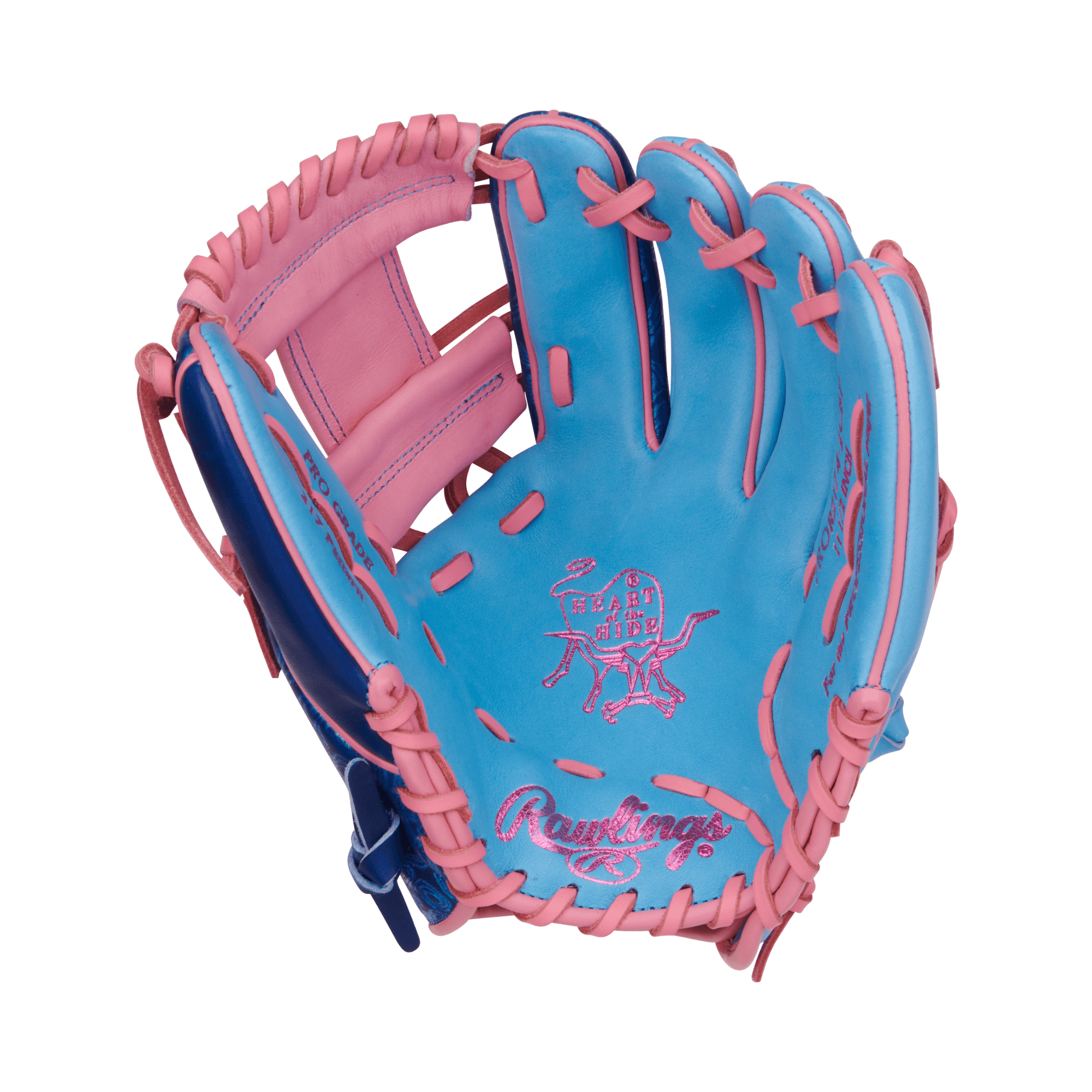 Rawlings Vibrant Series Heart of the Hide 11.5 glove in Columbia blue and pink, featuring Pro-I web design for optimal performance.