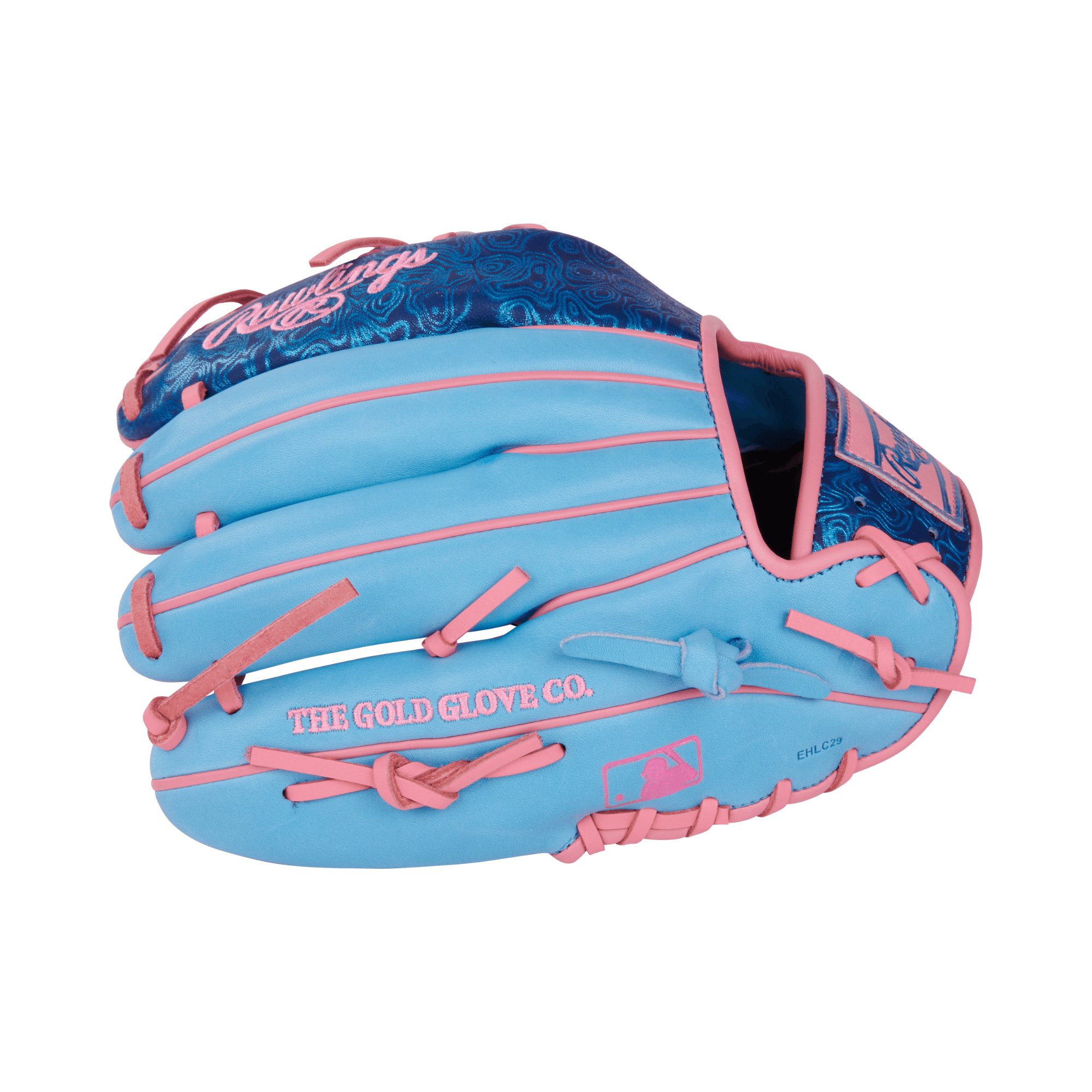 Rawlings Vibrant Series Heart of the Hide 11.5 glove in Columbia blue and pink with Pro-I web design.