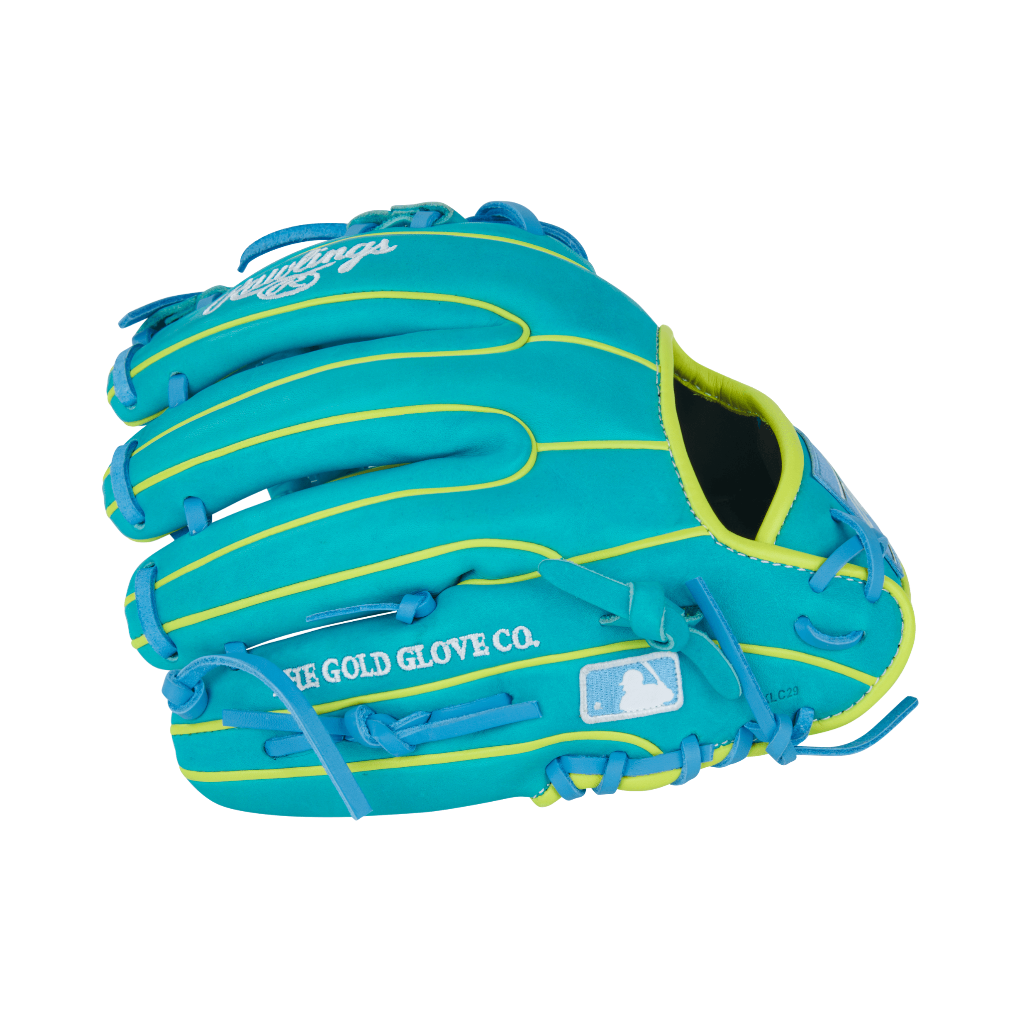 Close-up of finger stalls on Rawlings Heart of the Hide Contour Fit 11.5" Teal/Yellow Infield Glove