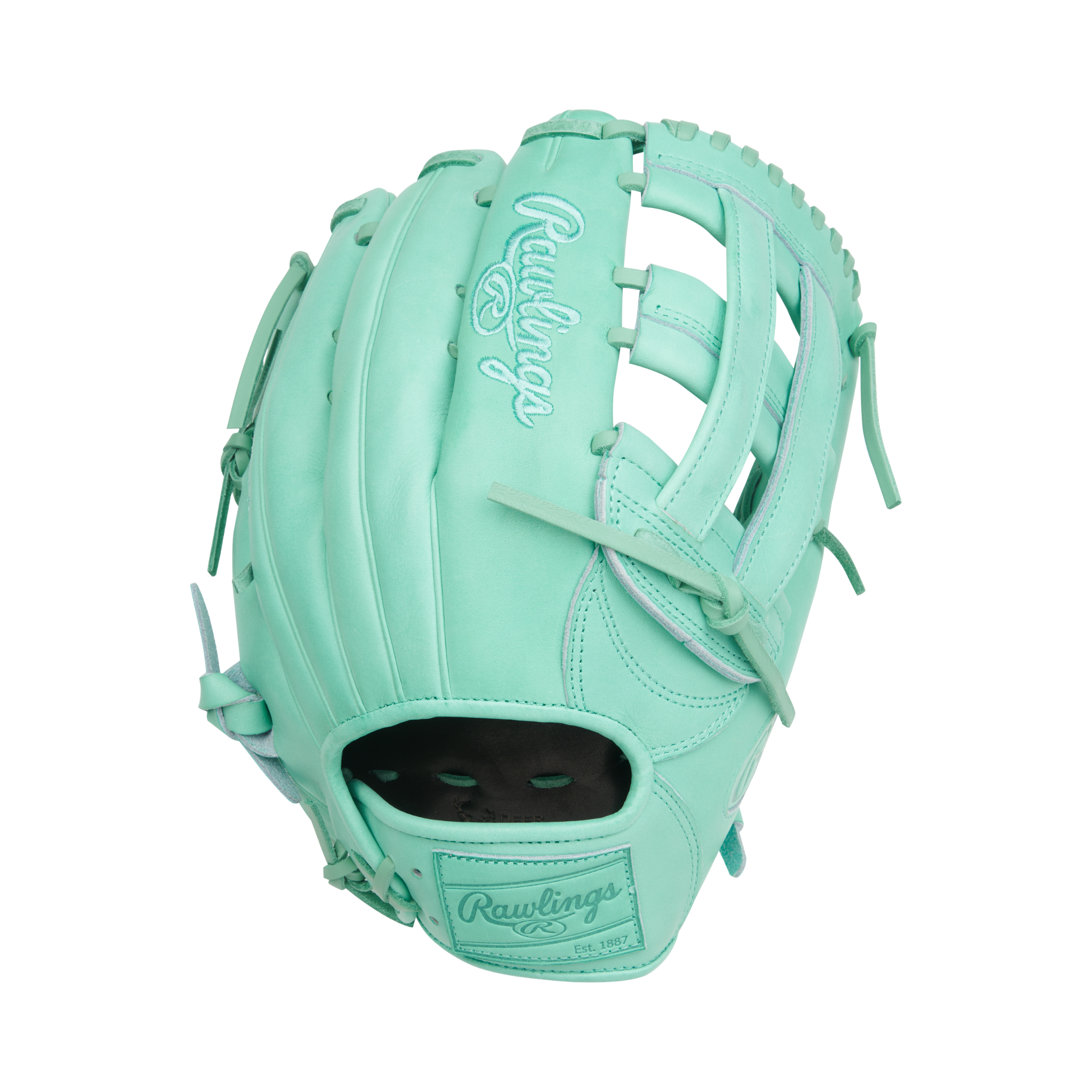 Back view of Rawlings Heart of the Hide 12.75" Mint outfield glove showing conventional back and premium lacing