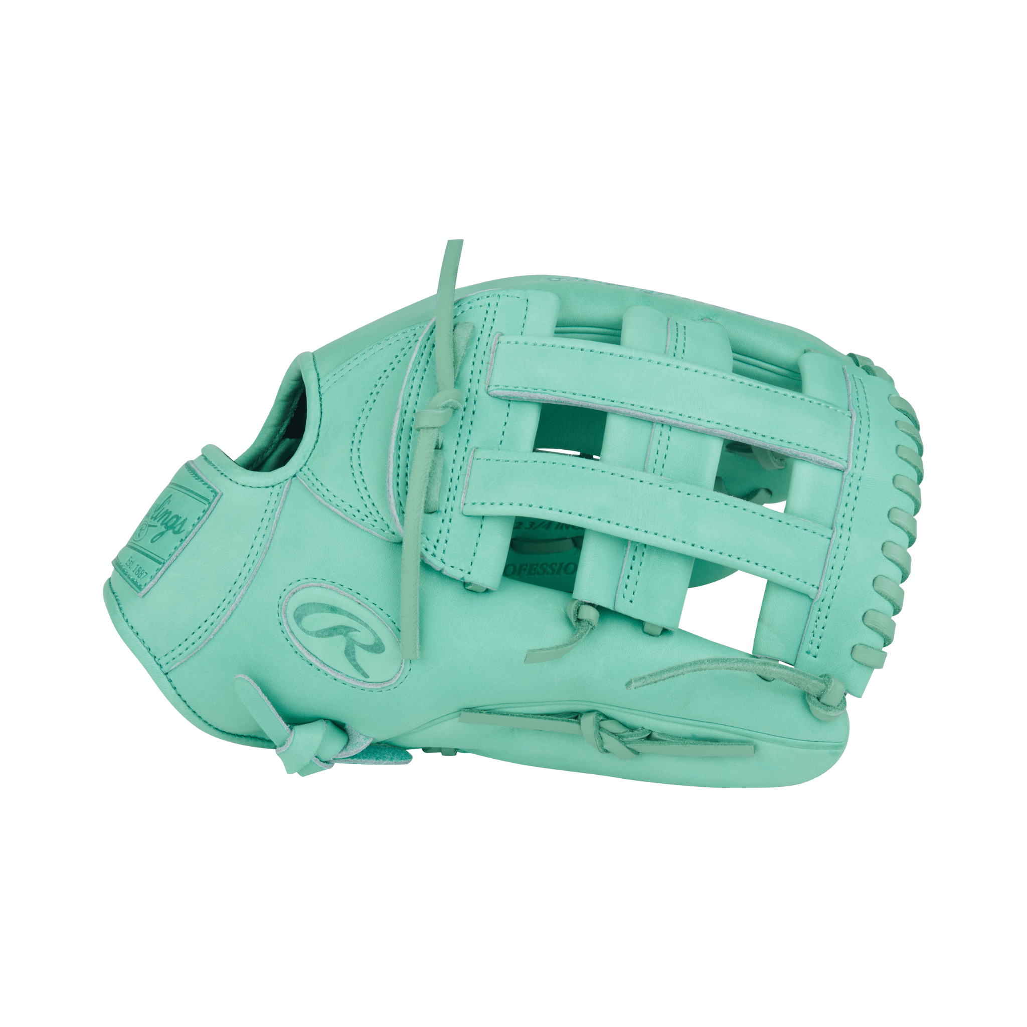 Close-up of thumb area on Rawlings Heart of the Hide 12.75" Mint glove with padded thumb sleeve for added comfort