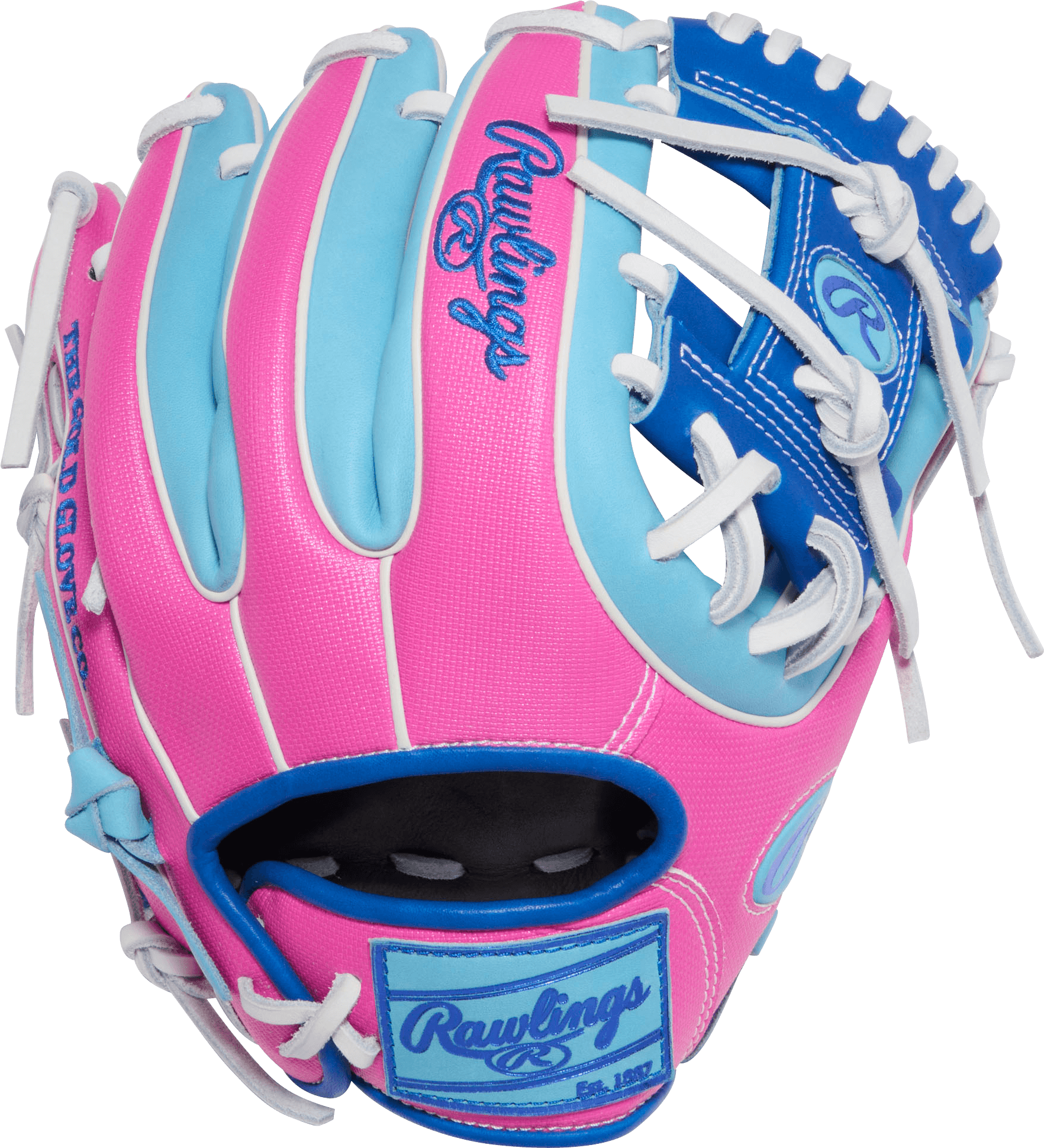 Rawlings April 2026 Gold Glove Club RGGC (GOTM) PROR312U-2CB 11.25" Baseball Glove in pink and blue, optimized for infielders.