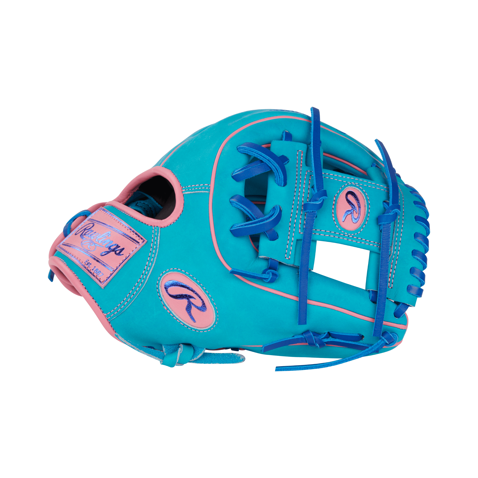 Rawlings Heart of the Hide Vibrant Series 11.5" glove in teal, royal, and pink with Pro-I web design.