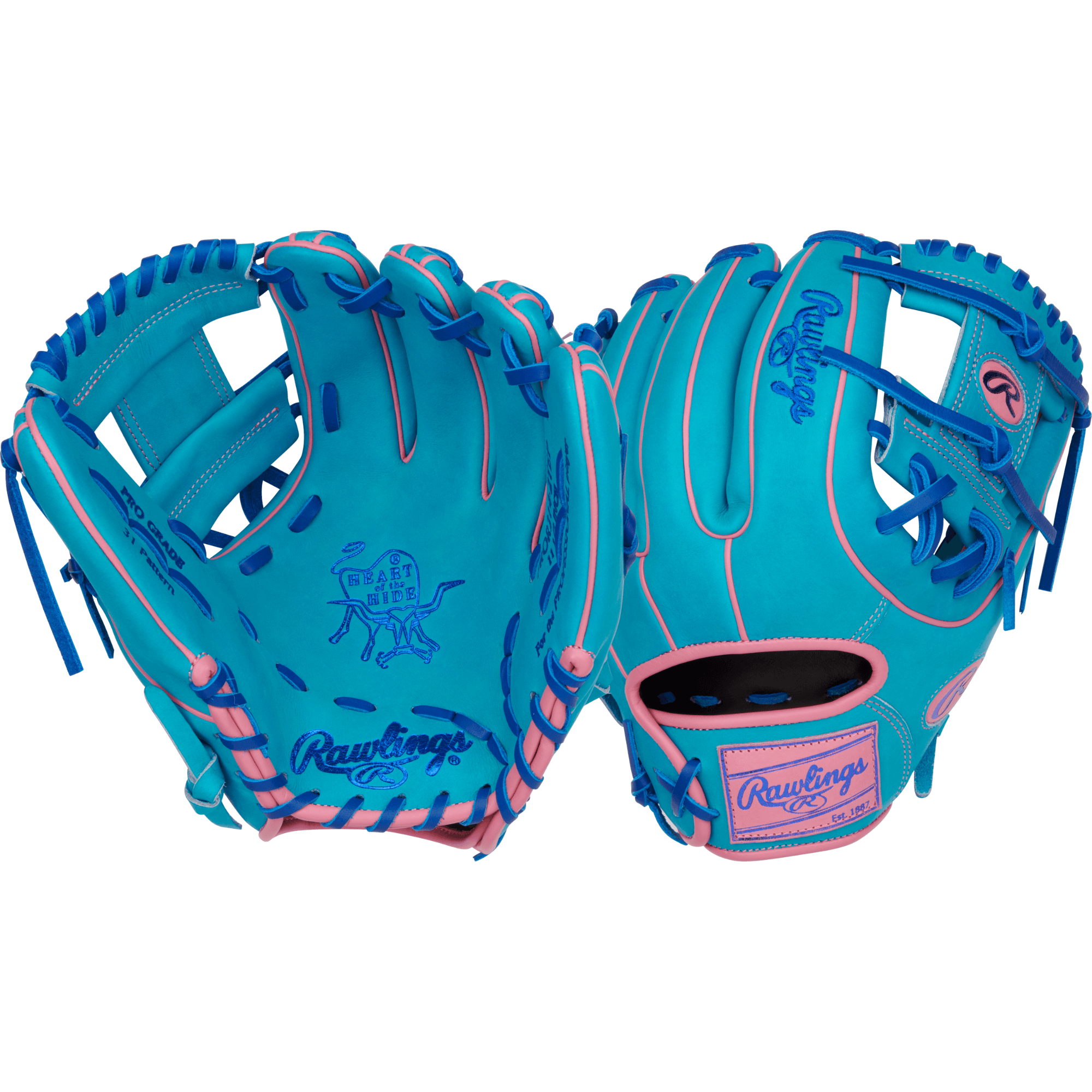 Rawlings Vibrant Series Heart of the Hide 11.5-inch glove in teal, royal, and pink colors, showcasing Pro-I web design.