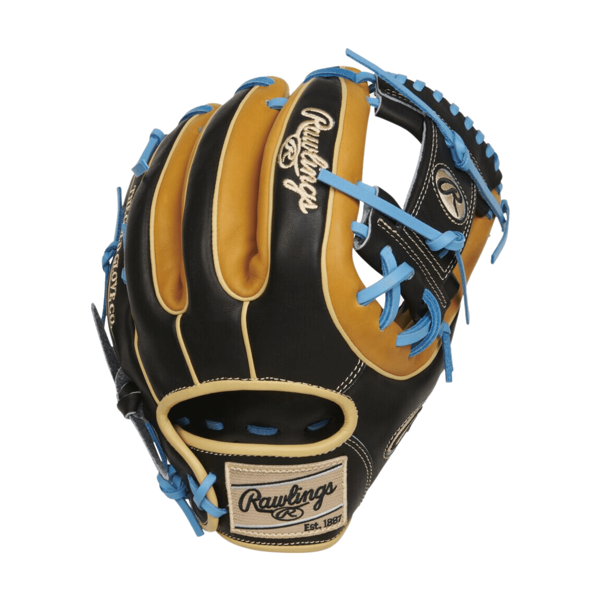 Rawlings Heart Of The Hide Series 11.75" baseball glove in black and tan with Columbia blue laces. Ideal for infield play.
