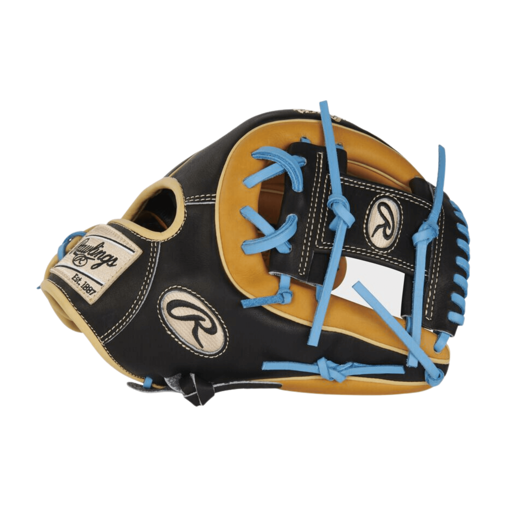 Rawlings Heart Of The Hide 11.75-inch baseball glove in black and tan with blue laces, ideal for infield play.