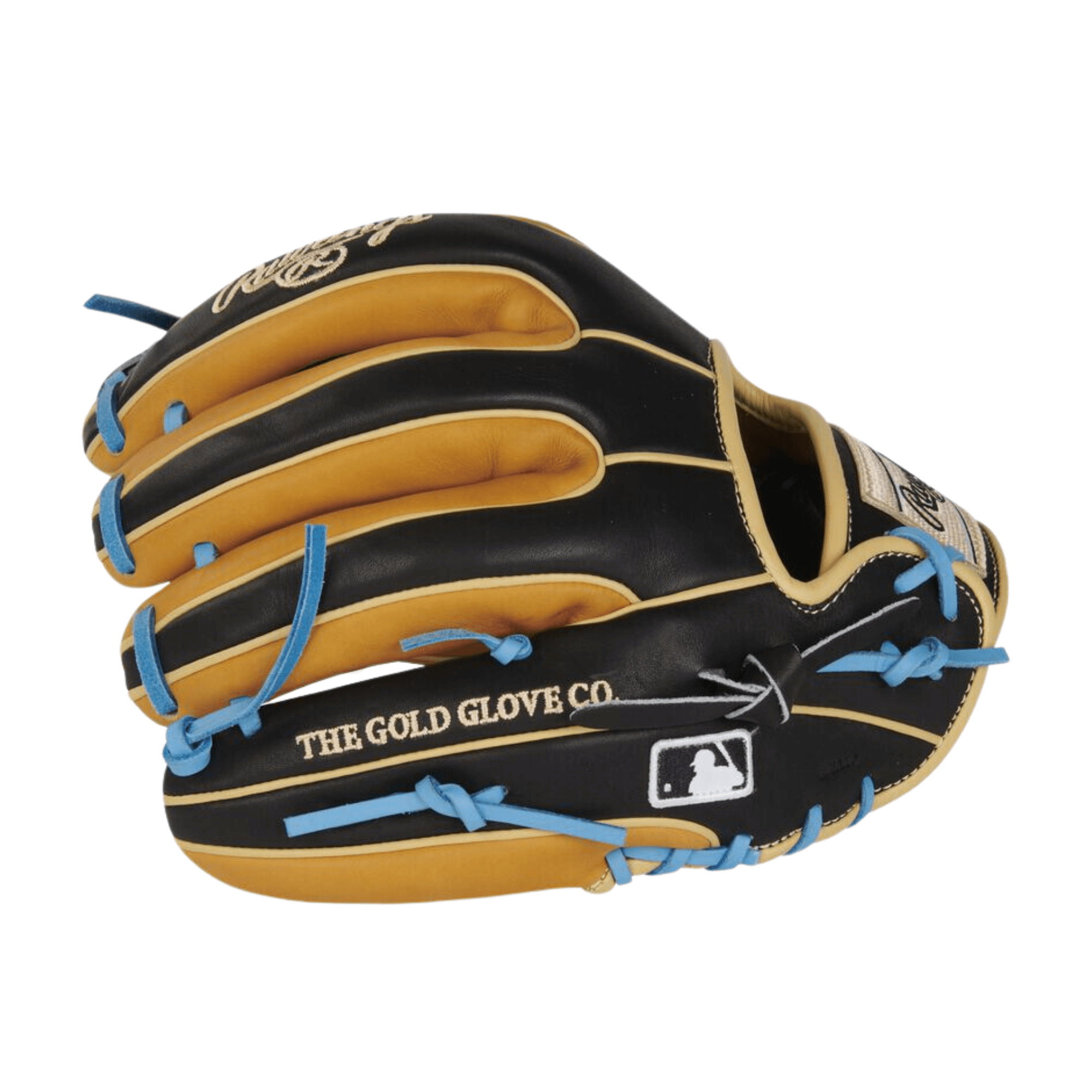 Rawlings Heart Of The Hide 11.75-inch baseball glove in black and tan with Columbia blue laces, ideal for infield play.