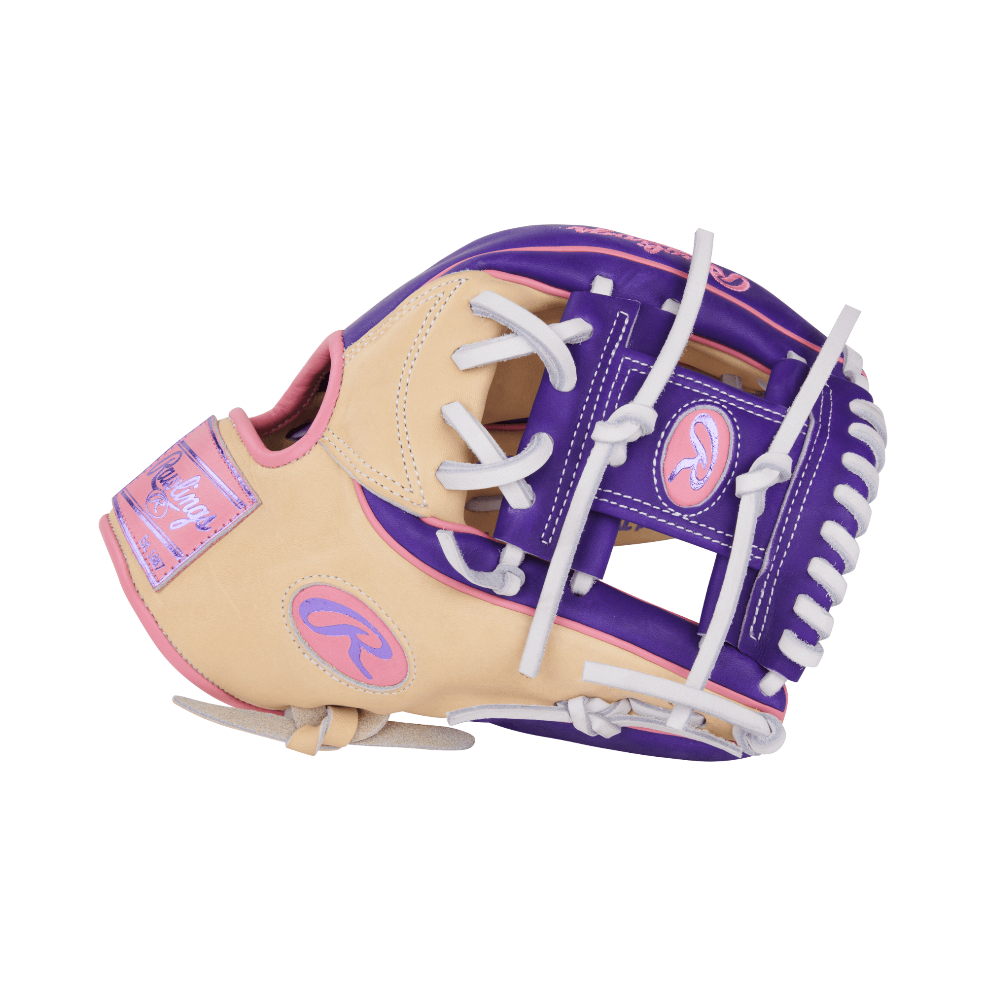 Rawlings Vibrant Series Heart of the Hide glove in camel, purple, and pink, showcasing its 11.5-inch design and Pro-I web.