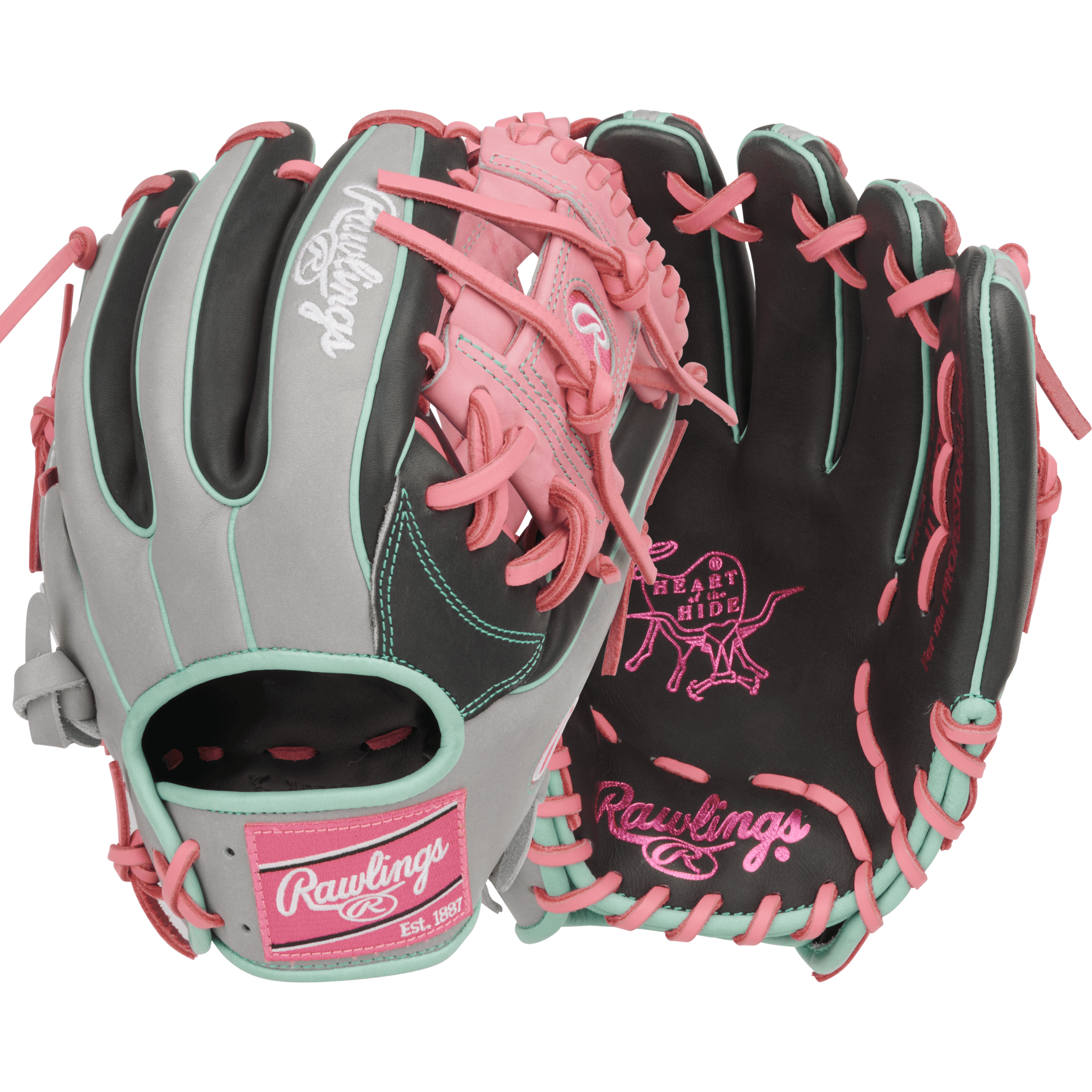 Rawlings Heart of the Hide 11.5" Infield Glove front and back in Dark Shadow, Gray, and Pink colorway