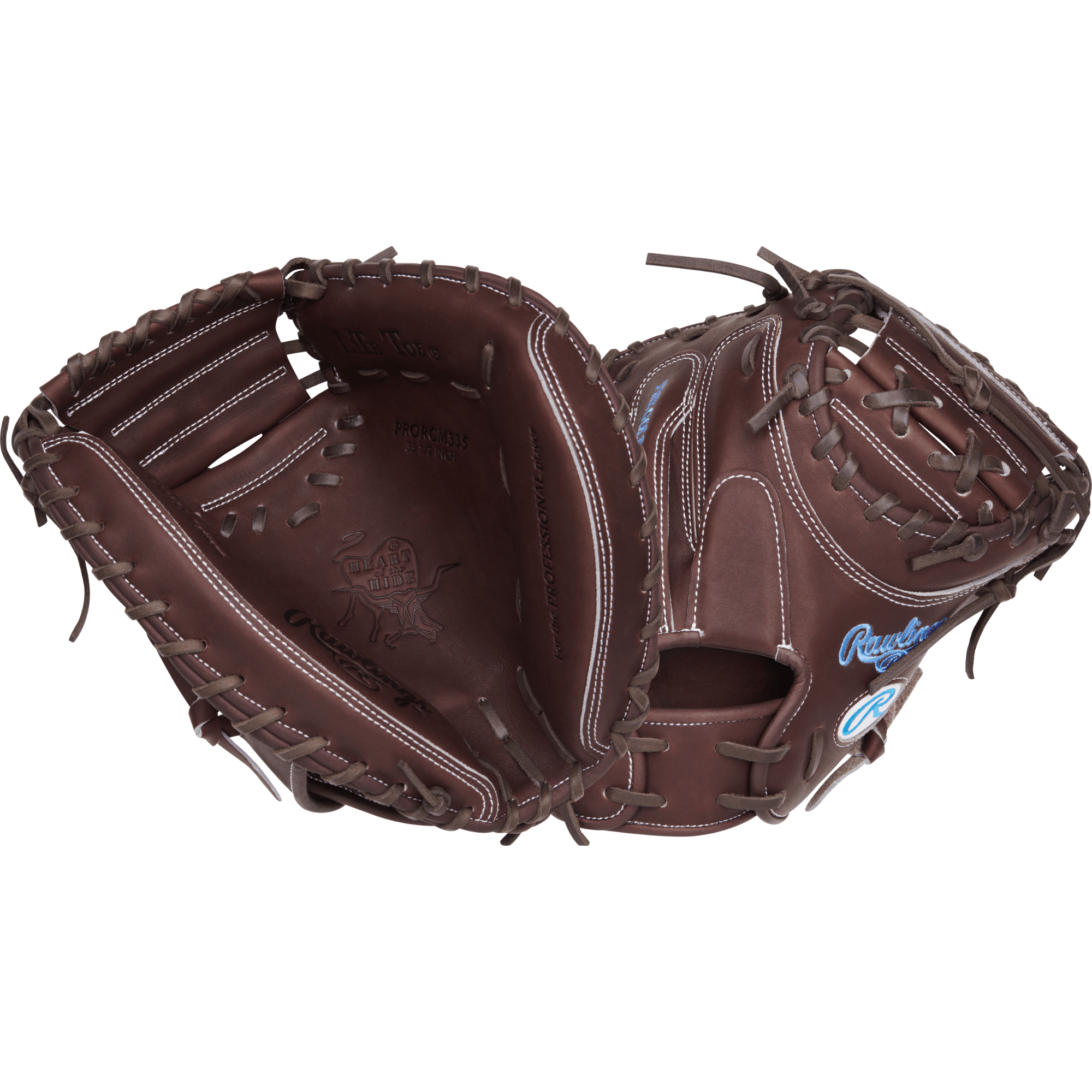 Rawlings Heart of the Hide 33.5" Catcher's Mitt in chocolate leather, showcasing its durable construction and design.