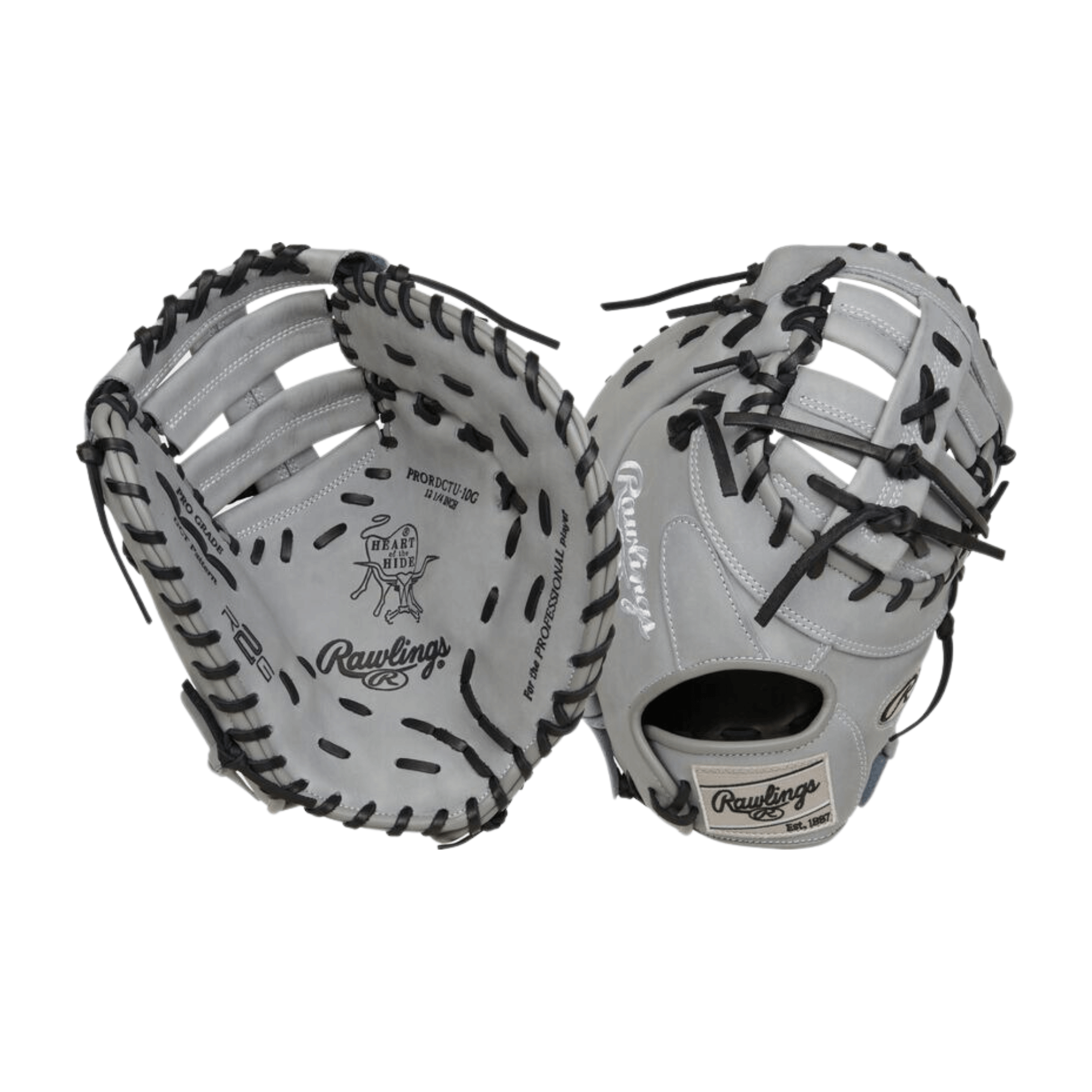 Rawlings Heart of the Hide 12.25-inch first base mitt baseball glove in gray with black lacing and single-post double-bar web design.