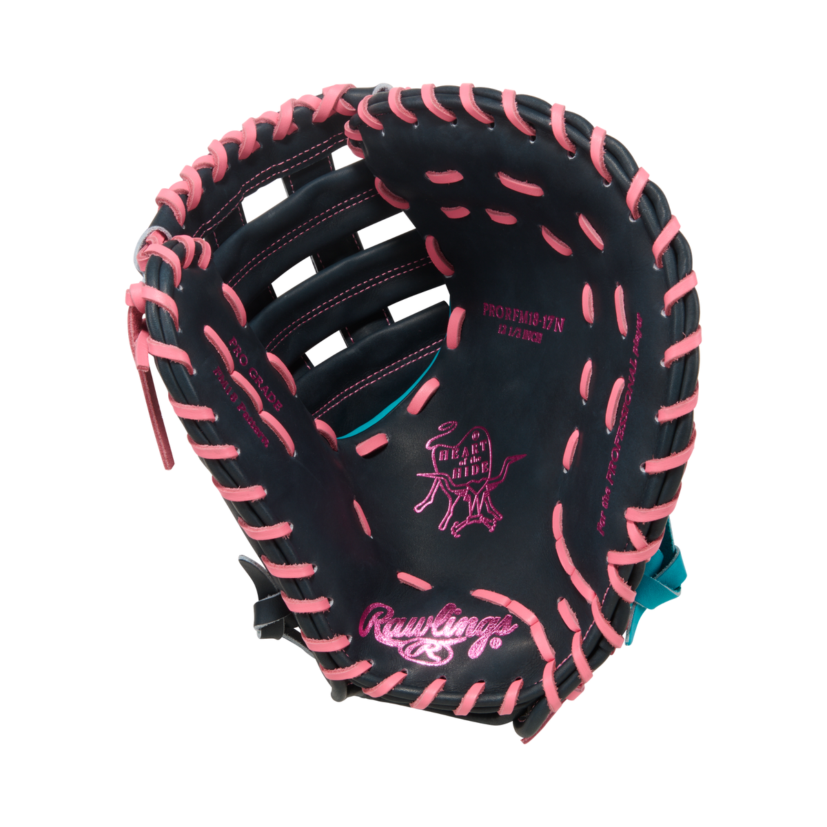 Rawlings Heart of the Hide First Base Mitt - Front Pocket View, Navy Teal Pink