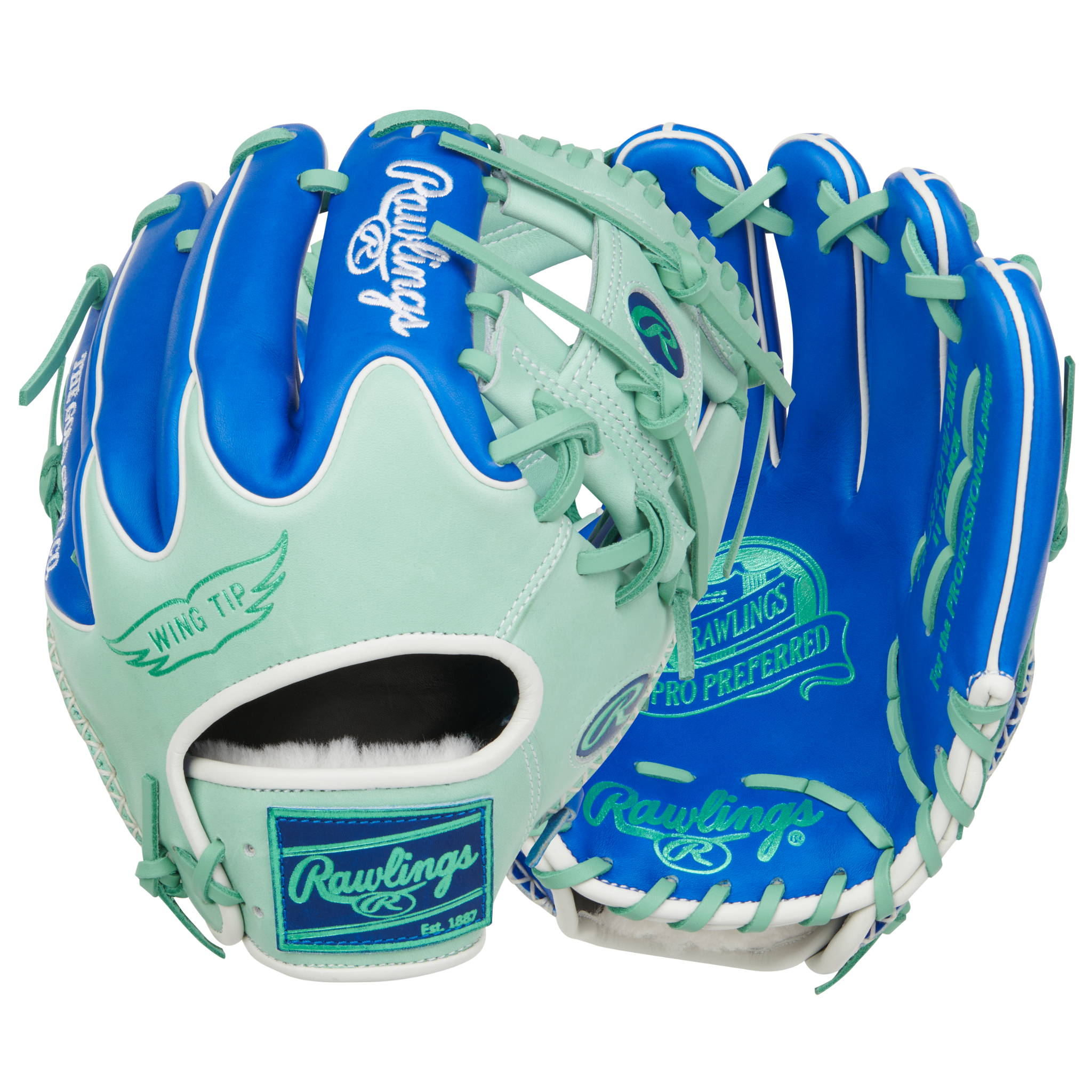 Rawlings Pro Preferred 11.5" Royal/Mint infield glove front and back view with Wingtip back and Pro I web in kip leather