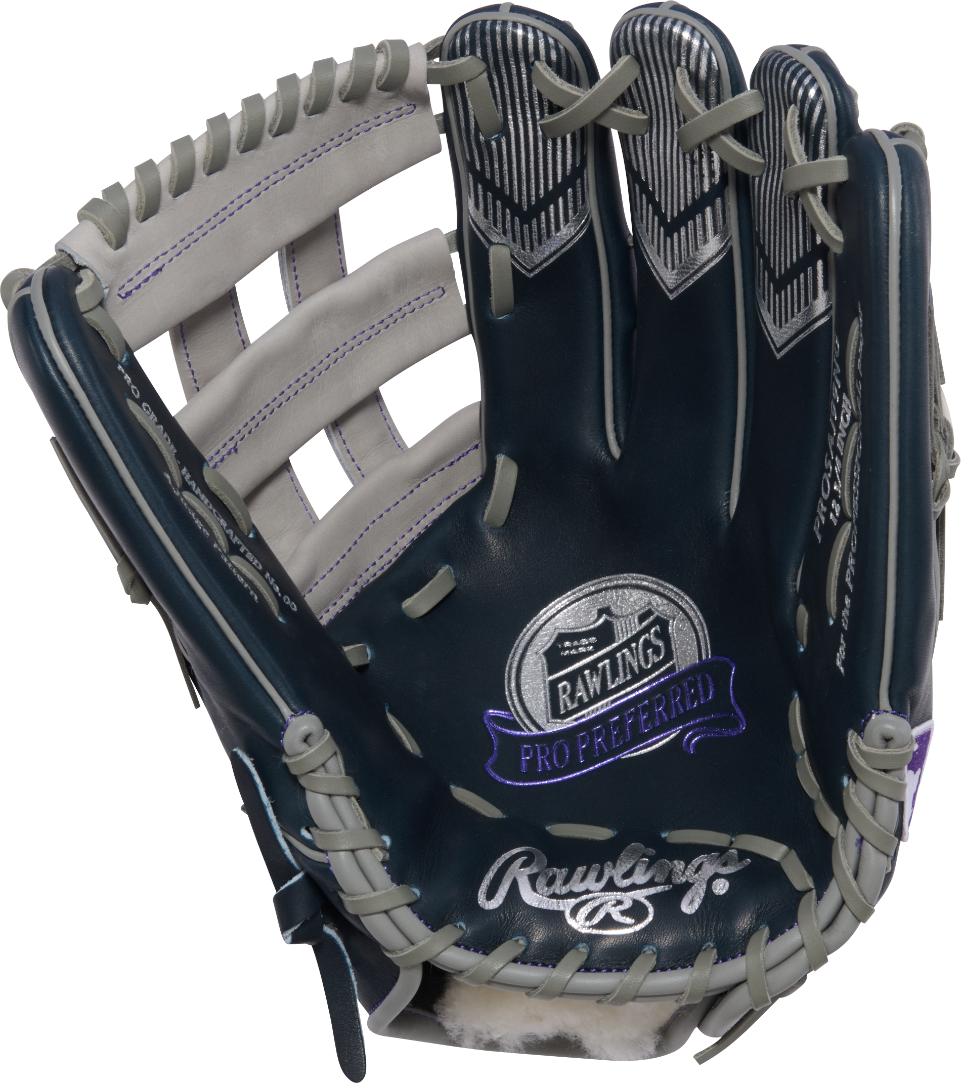 Rawlings Pro Preferred AJ99 12.75-inch outfield glove, angled palm view showing finger lacing and wrist opening