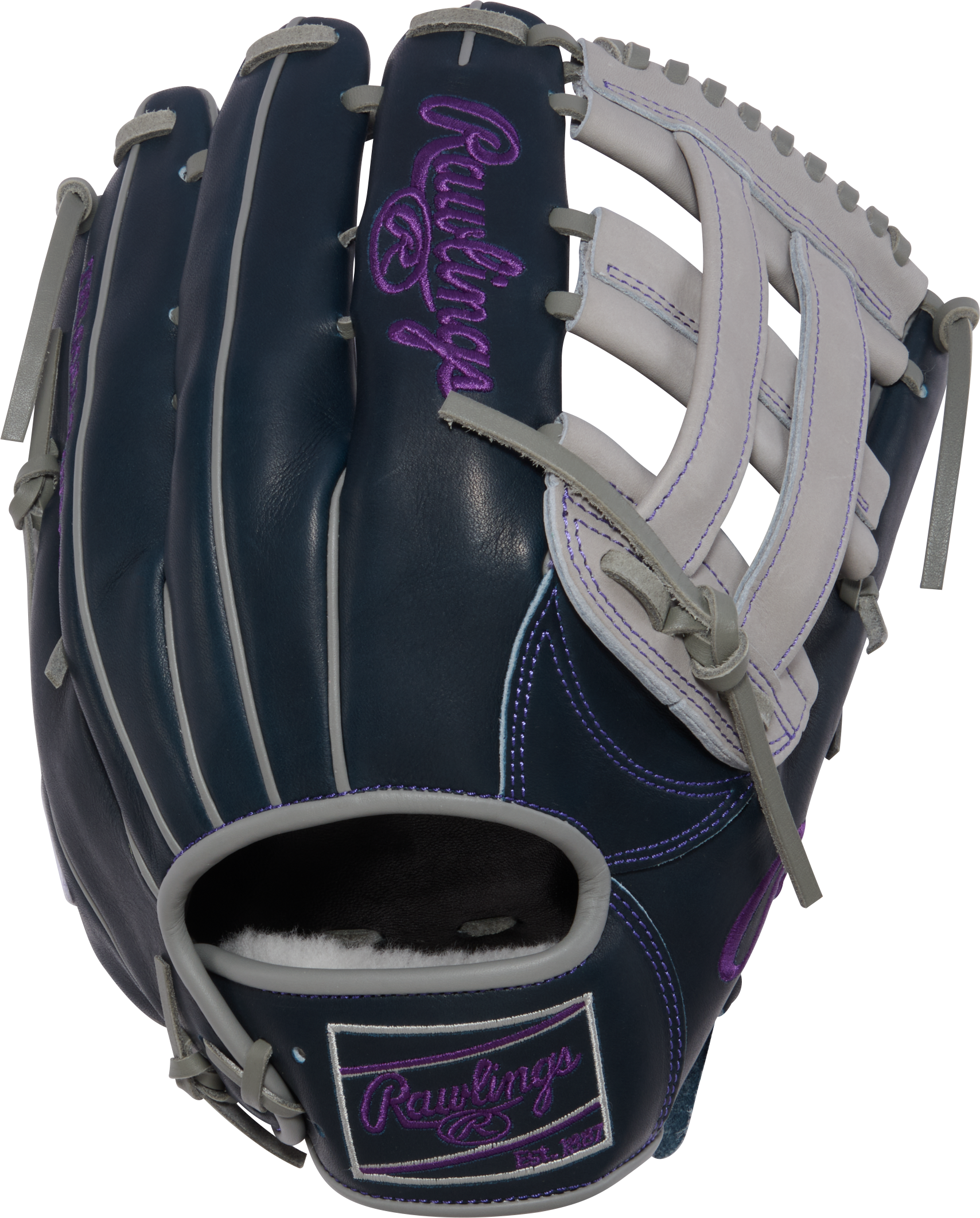 Rawlings Pro Preferred AJ99 glove close-up of the Pro H Web pocket with gray lacing and purple stitching