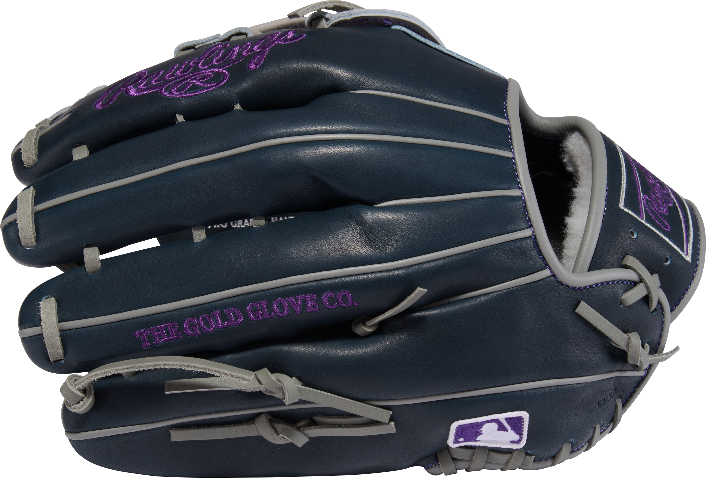 Rawlings Pro Preferred AJ99 glove back of hand, showing The Gold Glove Co. embroidery and MLB patch