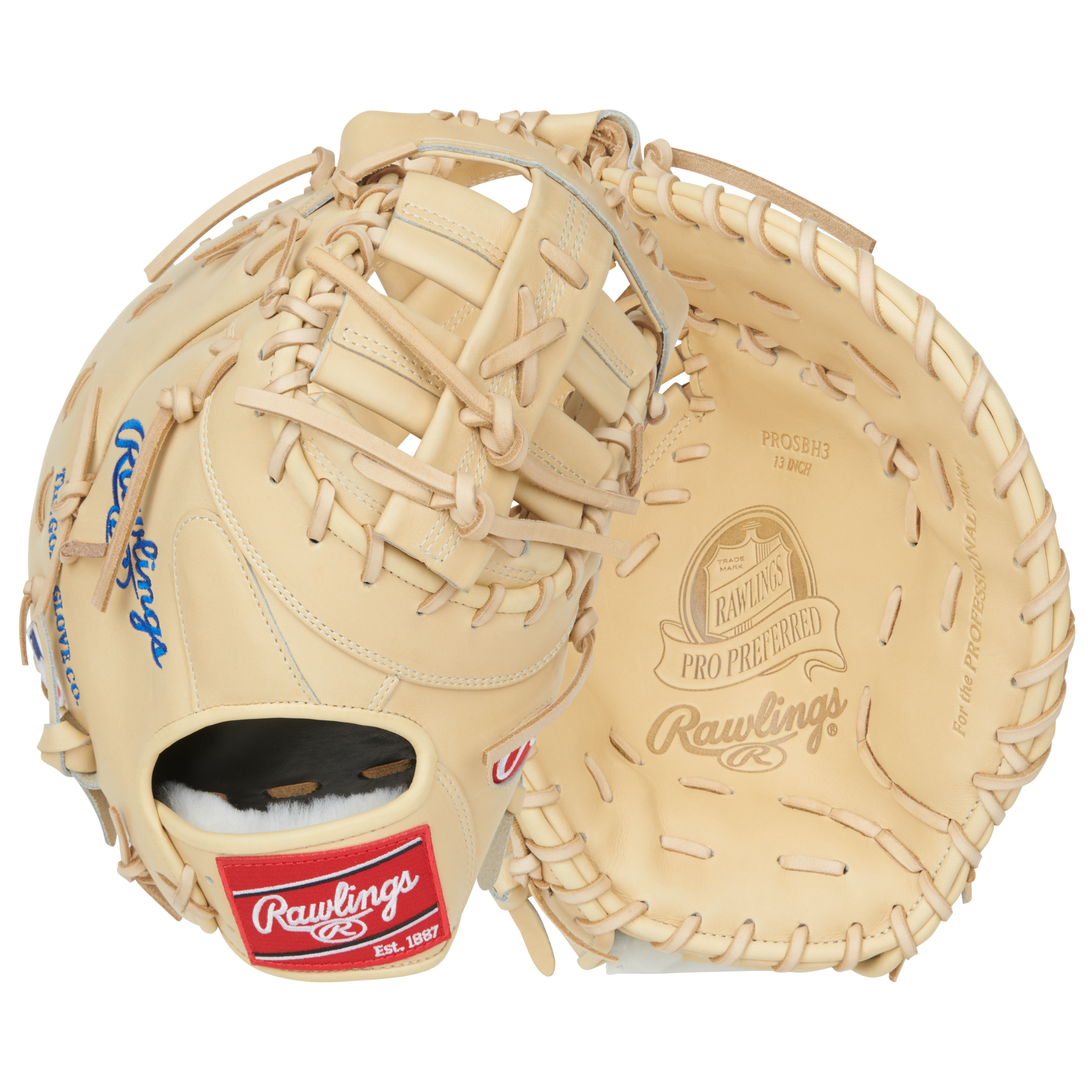 Rawlings Pro Preferred 13" Bryce Harper first base mitt front and back view with DCT pattern and Single Post Double Bar Web in camel kip leather