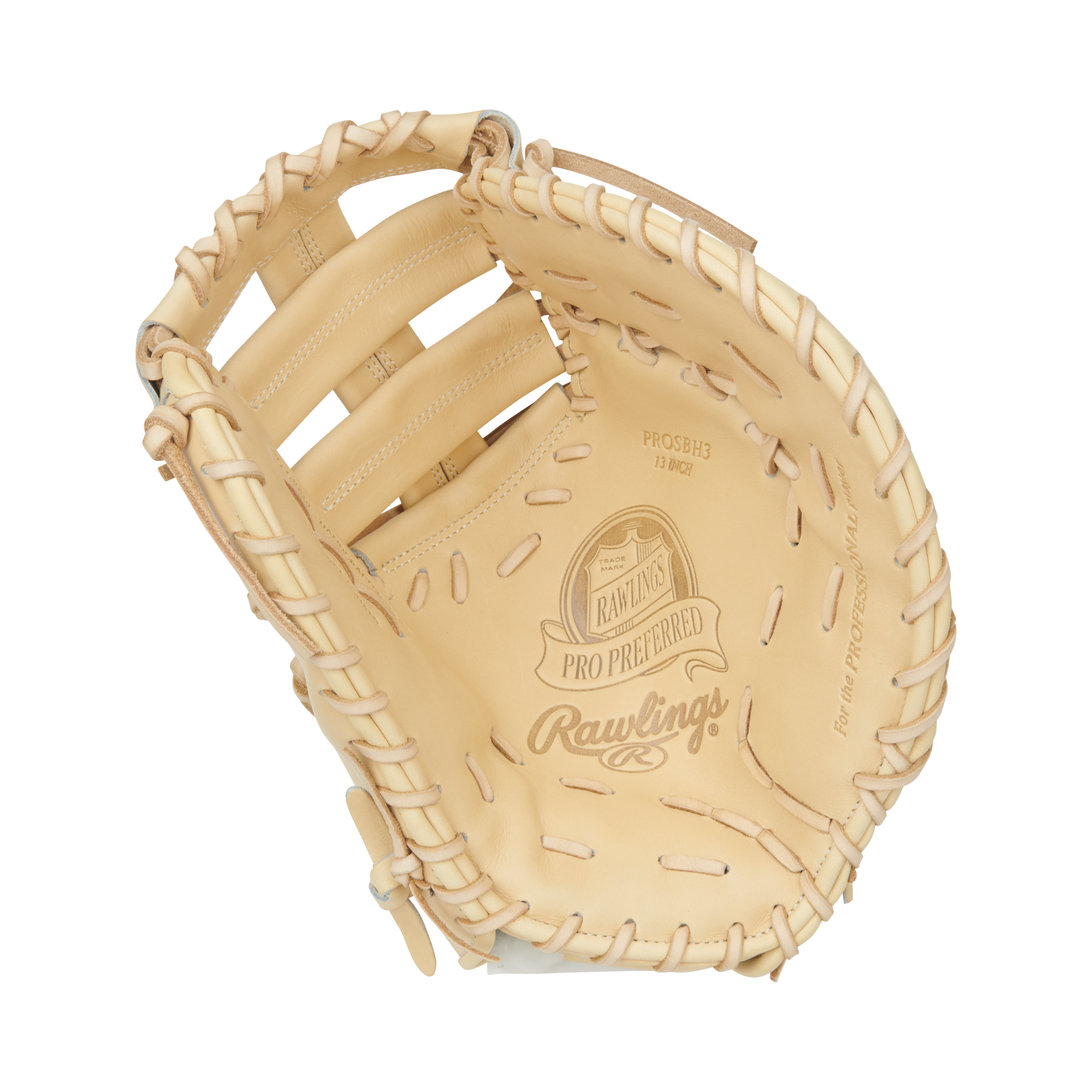  Palm view of Rawlings Pro Preferred 13" Bryce Harper first base mitt with deep pocket and Pittards sheepskin lining