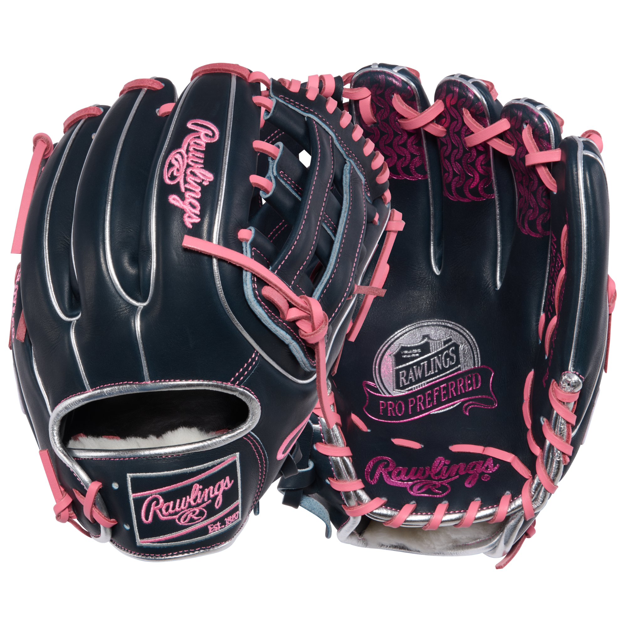 (both gloves shown)	Rawlings Pro Preferred Infield Glove 11.75-Inch Right Hand Throw – Front/Back Combination View