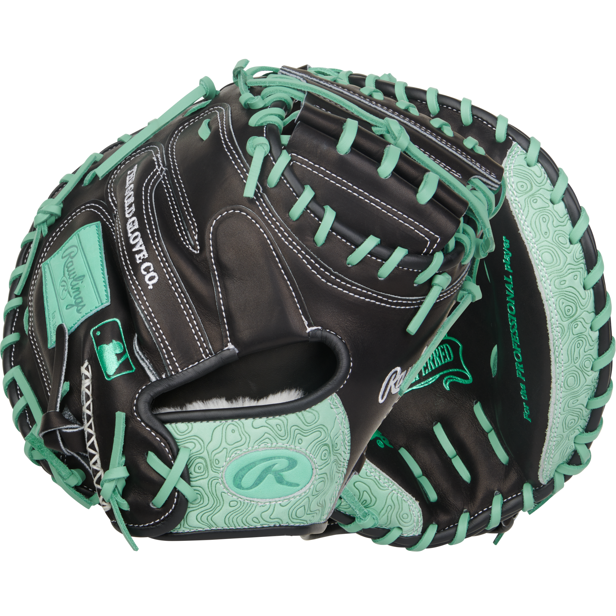 Rawlings Pro Preferred 33" Black/Mint catcher’s mitt front and back view with CM33 pattern and 1-Piece Solid Web in kip leather