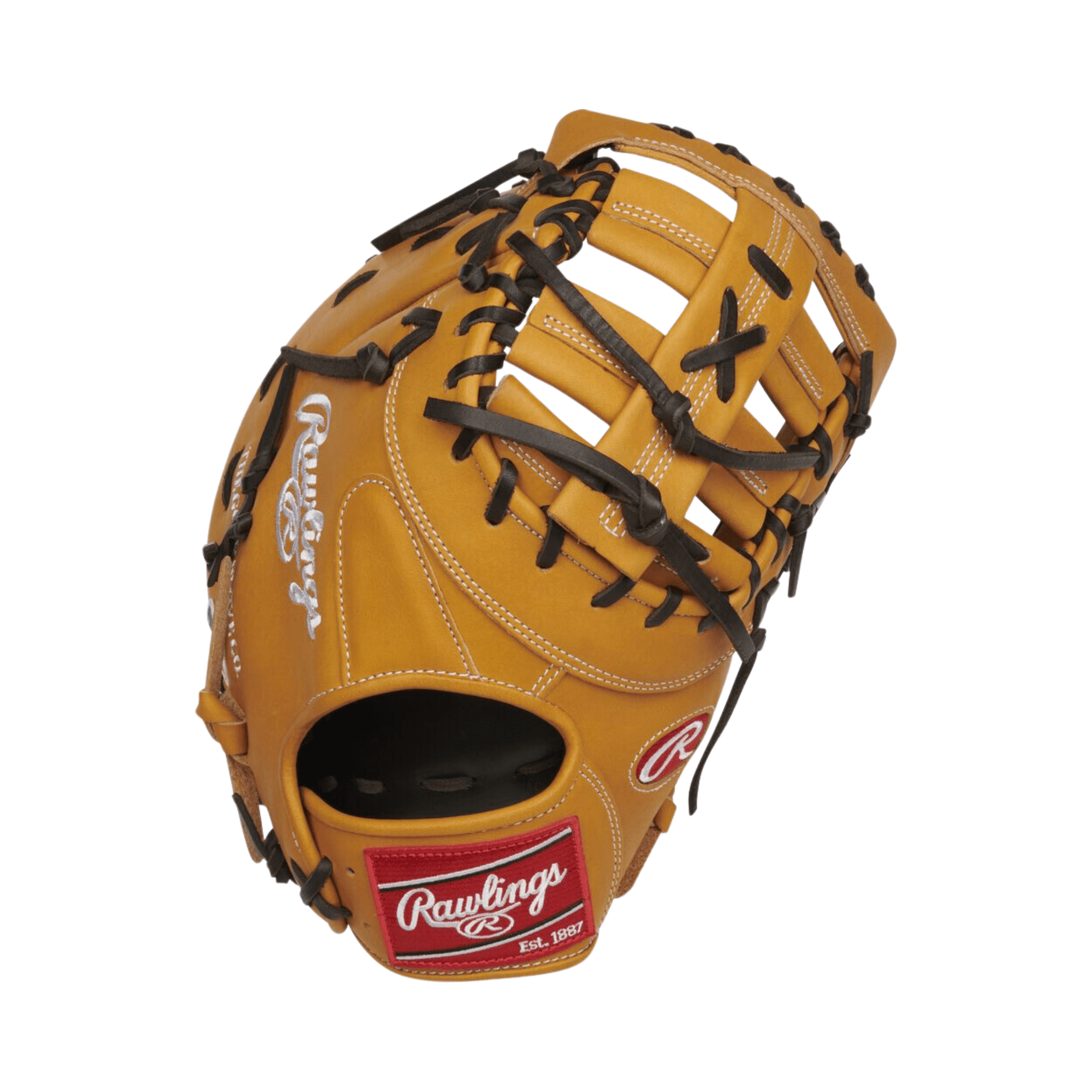 Rawlings Heart of the Hide 13-inch first base mitt baseball glove in tan with scarlet patch and reinforced web design.