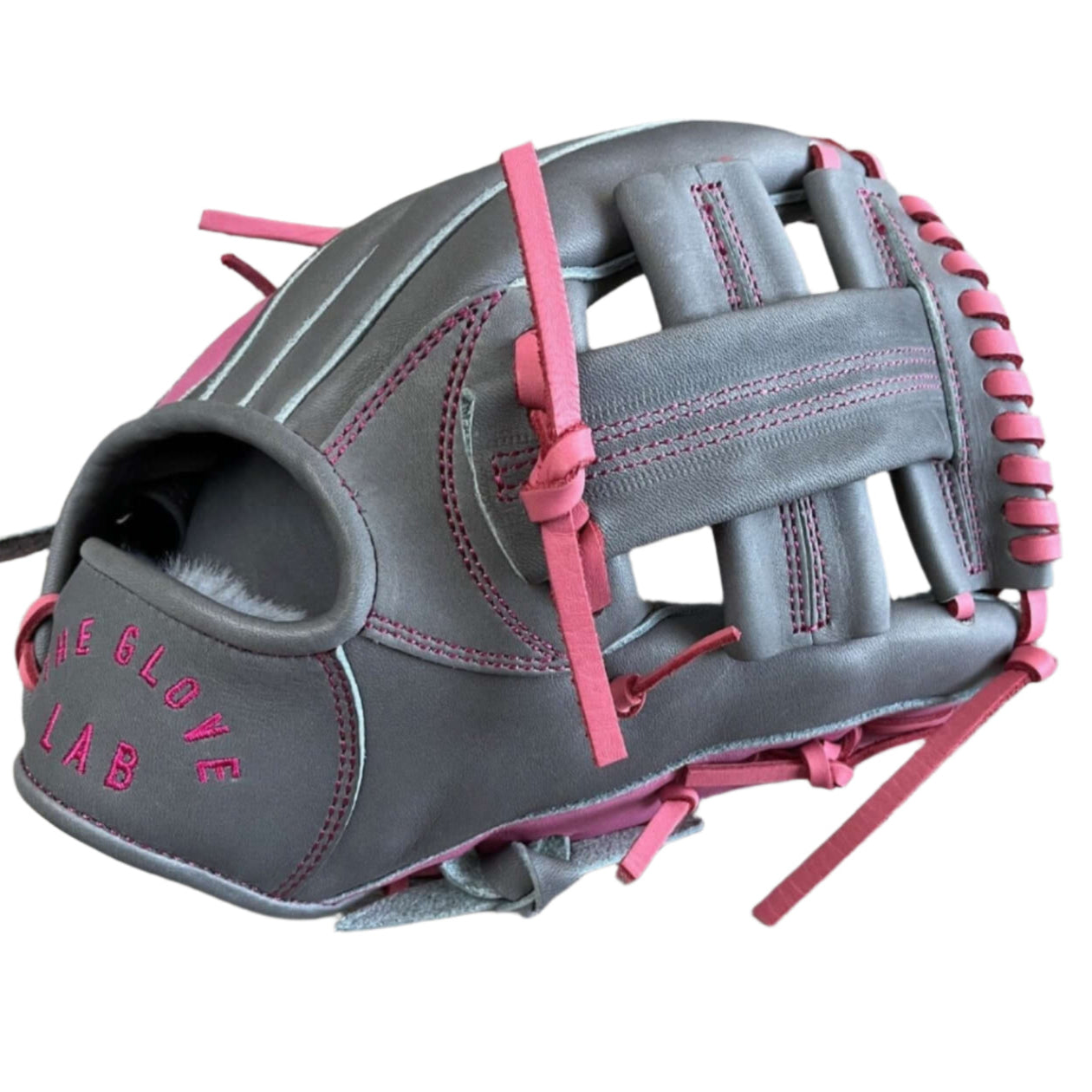 Youth 10.75' glove by The Glove Lab in gray with pink accents, ideal for players 10u and younger.