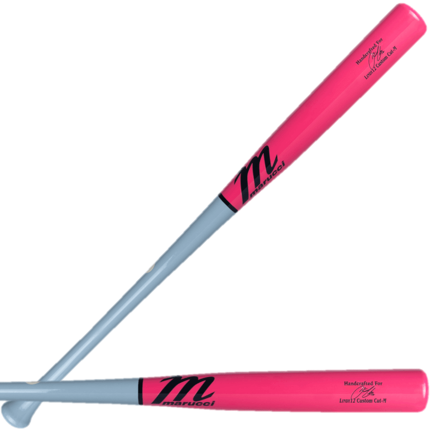 Marucci Lindy12 Pro Exclusive wood bat in gunship and pink, featuring a bell knob design and medium barrel for performance.