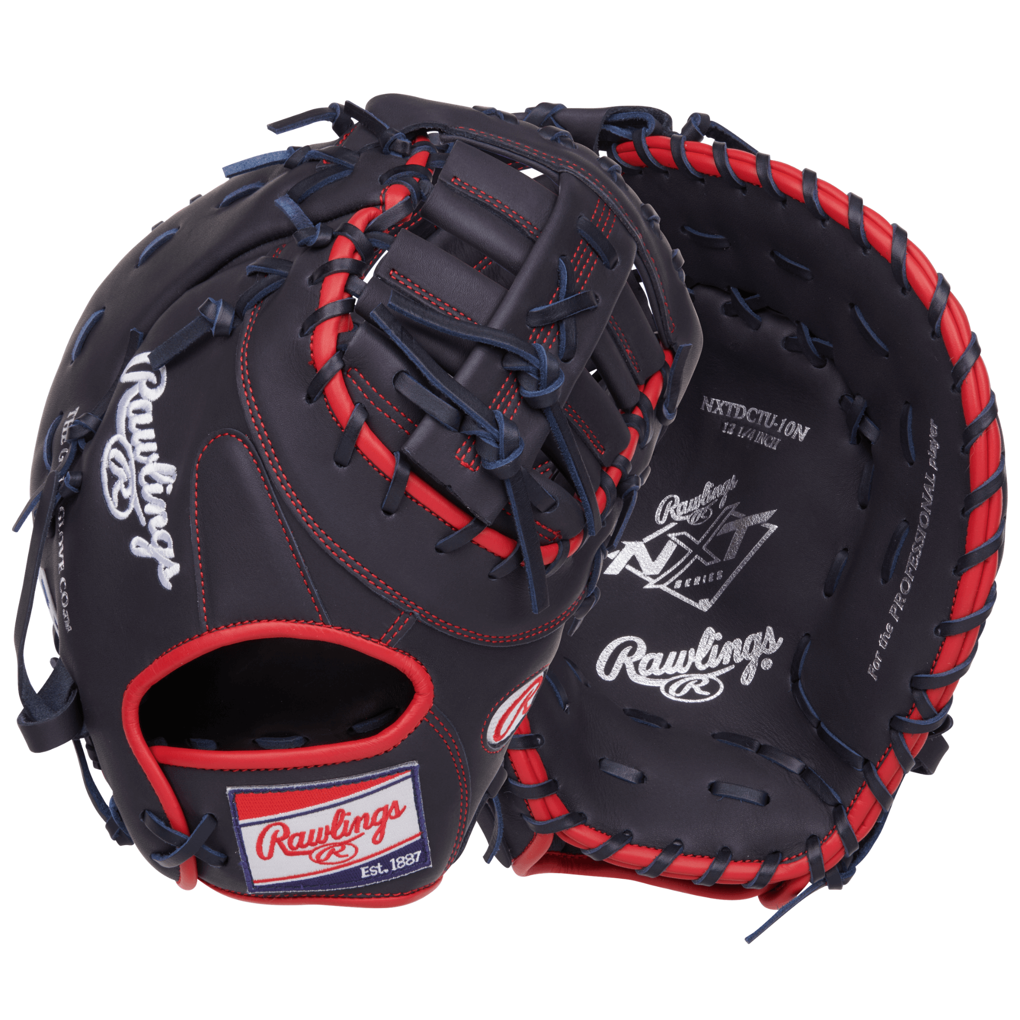 Rawlings NXT Series First Base Mitt 12.25-Inch Baseball Glove RHT palm and backhand view, black with red lacing.