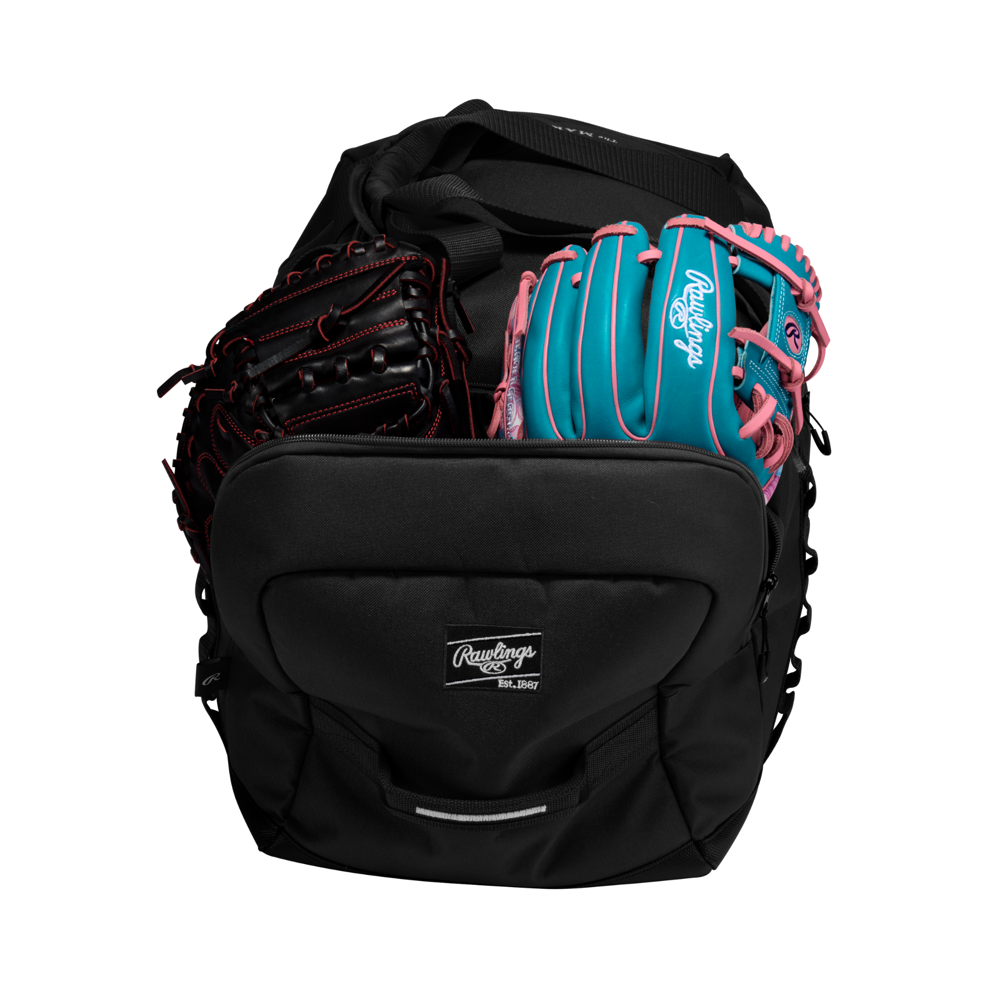 Rawlings Covert 2 Duffel Bag in black open showing gloves inside