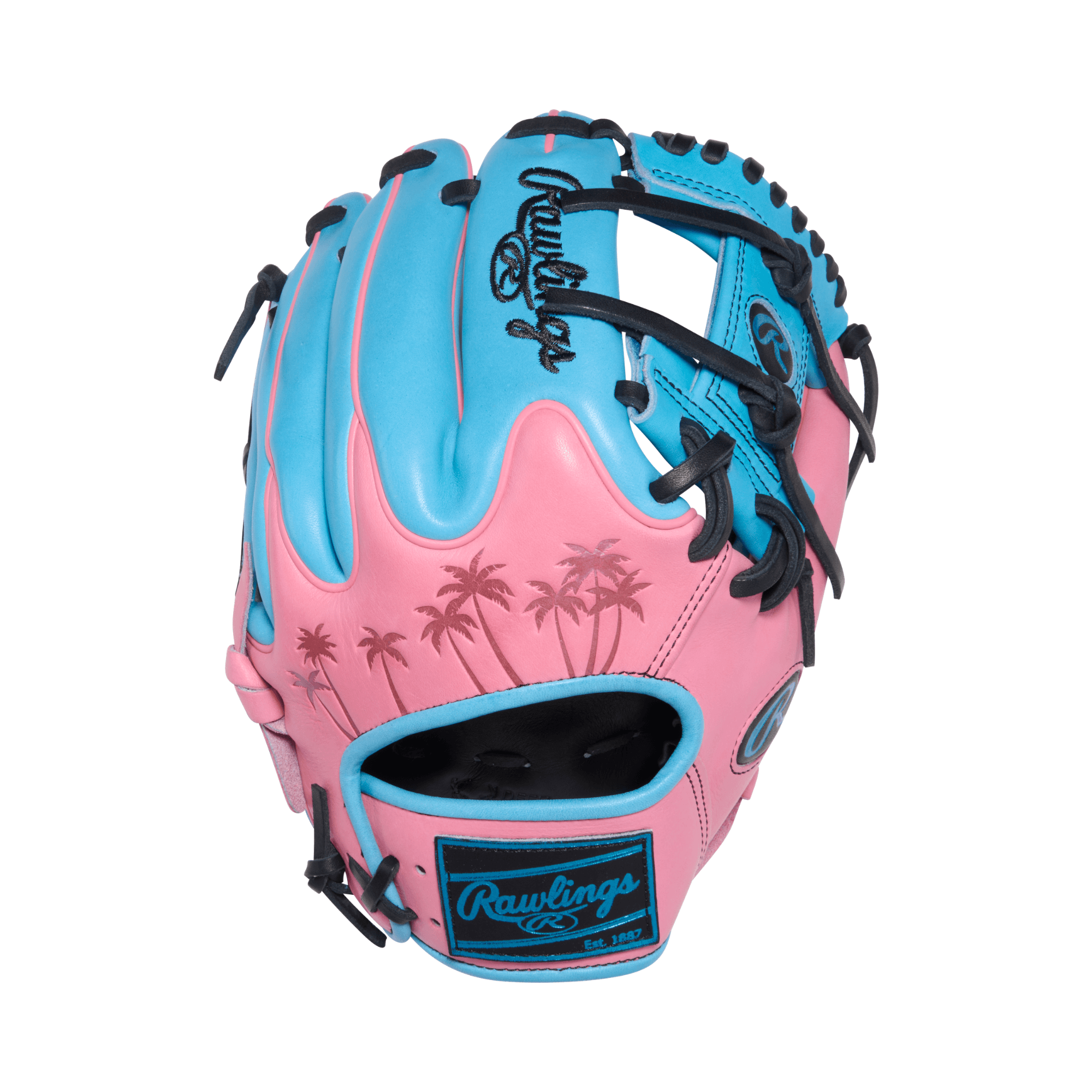Rawlings Heart of the Hide ColorSync 10.0 11.5" Wing Tip Glove RHT, backhand view, pink and blue with I-web and black lacing.