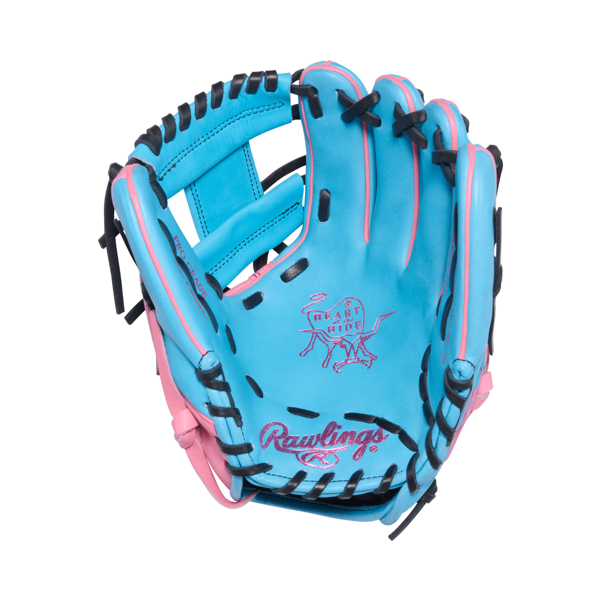 Palm view of Rawlings Heart of the Hide ColorSync 10.0 11.5" Wing Tip Glove RHT in blue and pink, showing I-web and black lacing.