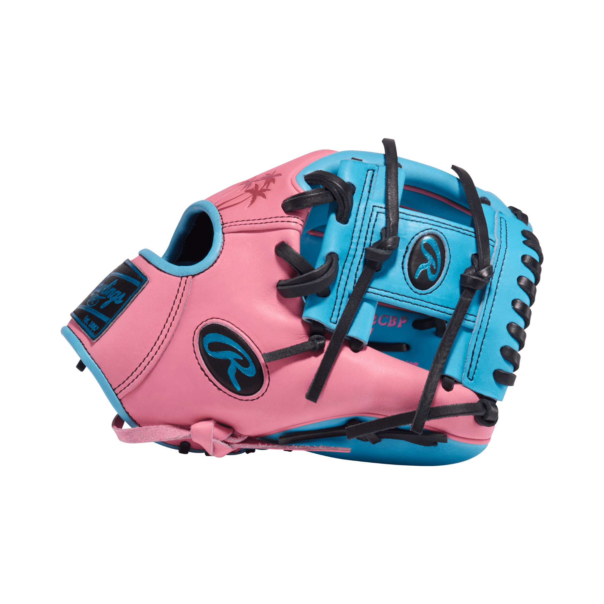Rawlings Heart of the Hide ColorSync 10.0 11.5" Wing Tip Glove RHT, pink and blue, backhand view with black lacing.