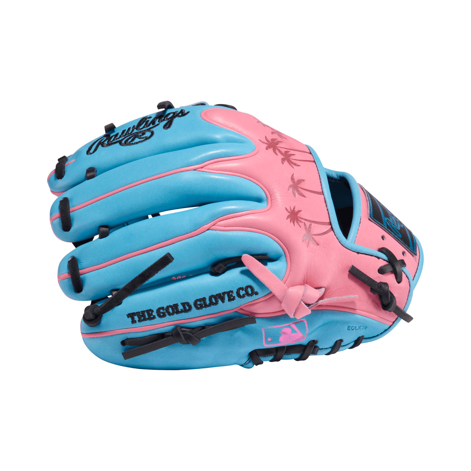 Backhand view of Rawlings Heart of the Hide ColorSync 10.0 11.5" Wing Tip Glove RHT in blue and pink with black laces.