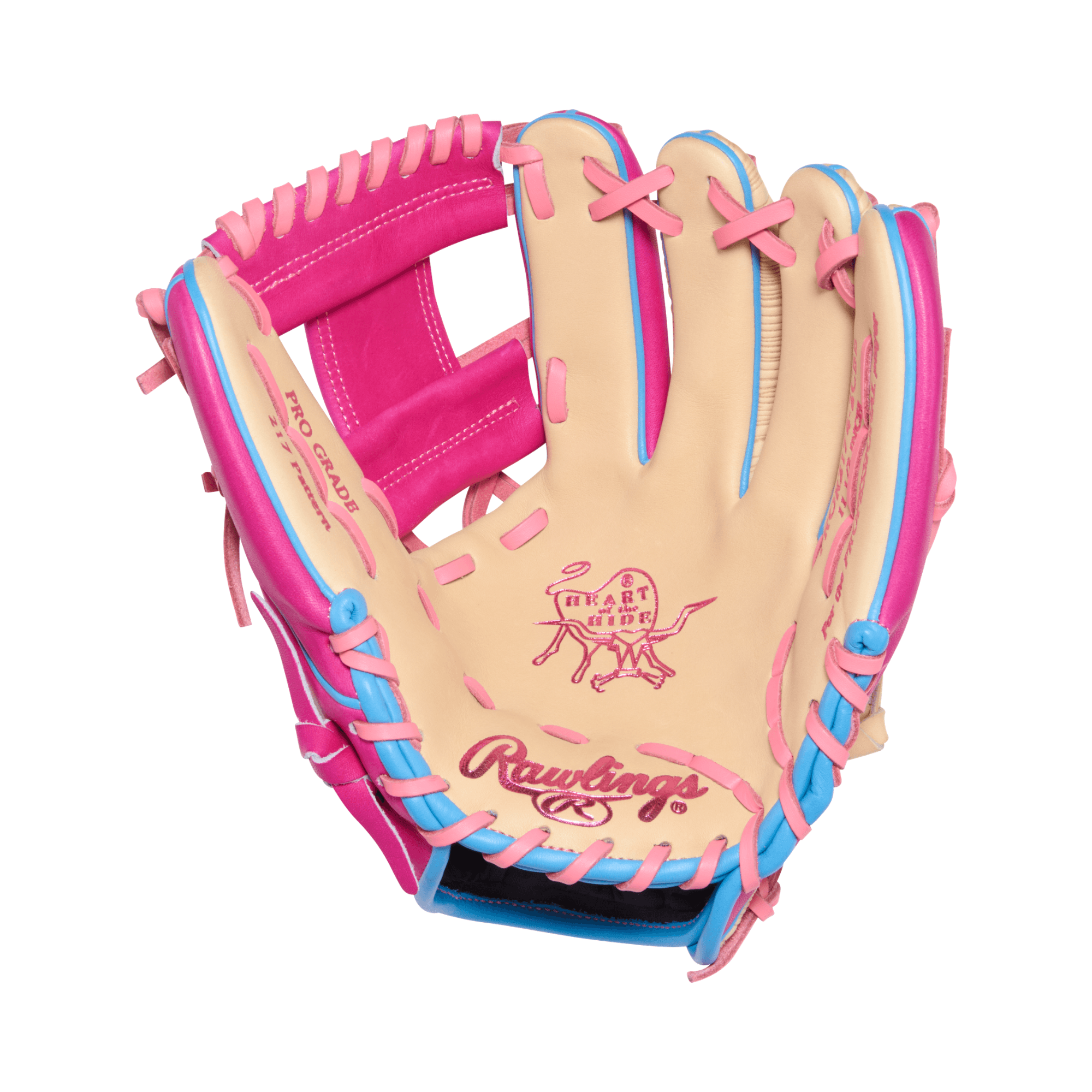 Palm view of Rawlings HOH ColorSync 10 Woodgrain Pink 11.5" Baseball Glove with camel palm and pink lacing.