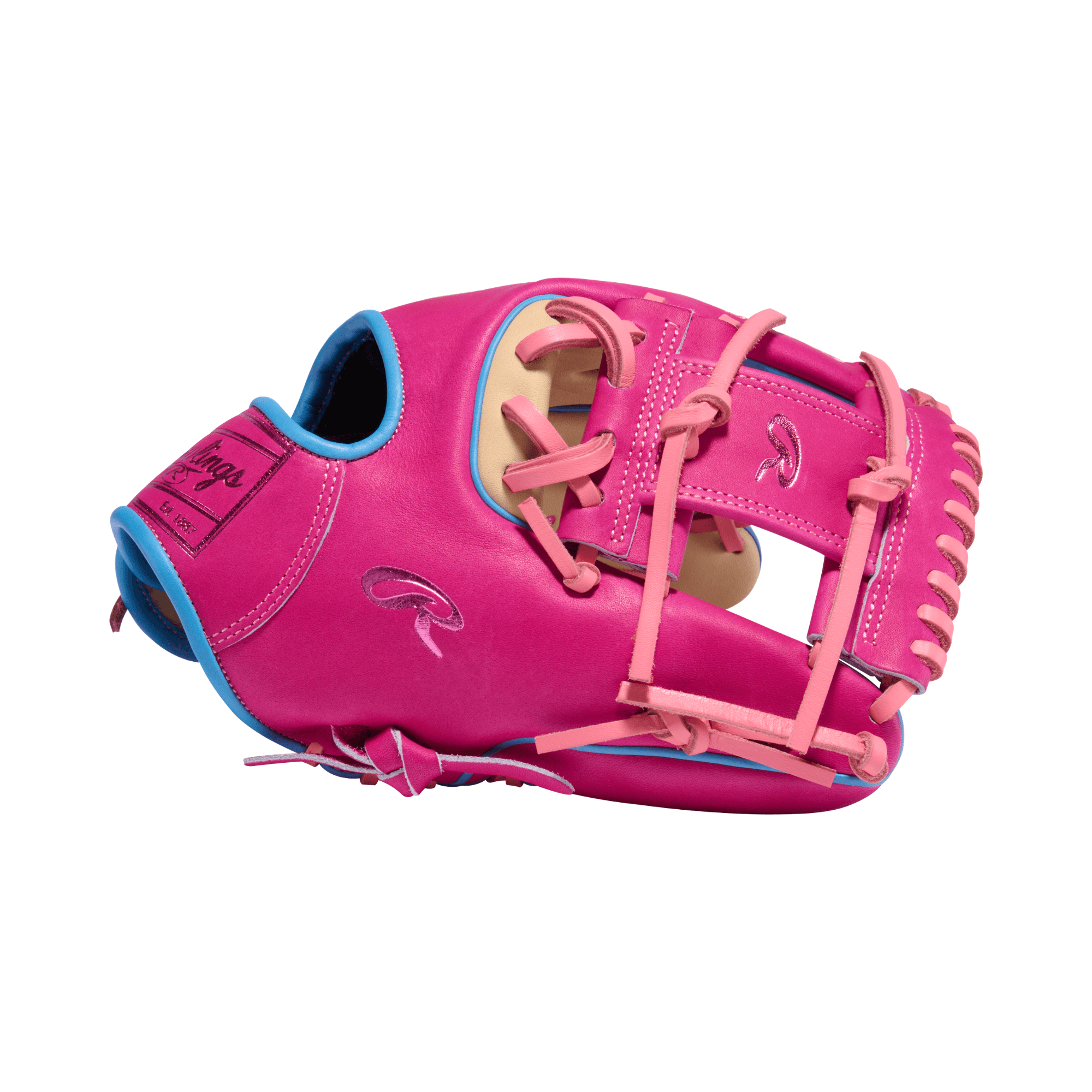 Backhand view of Rawlings HOH ColorSync 10 Woodgrain Pink 11.5" Baseball Glove featuring pink leather and camel palm.