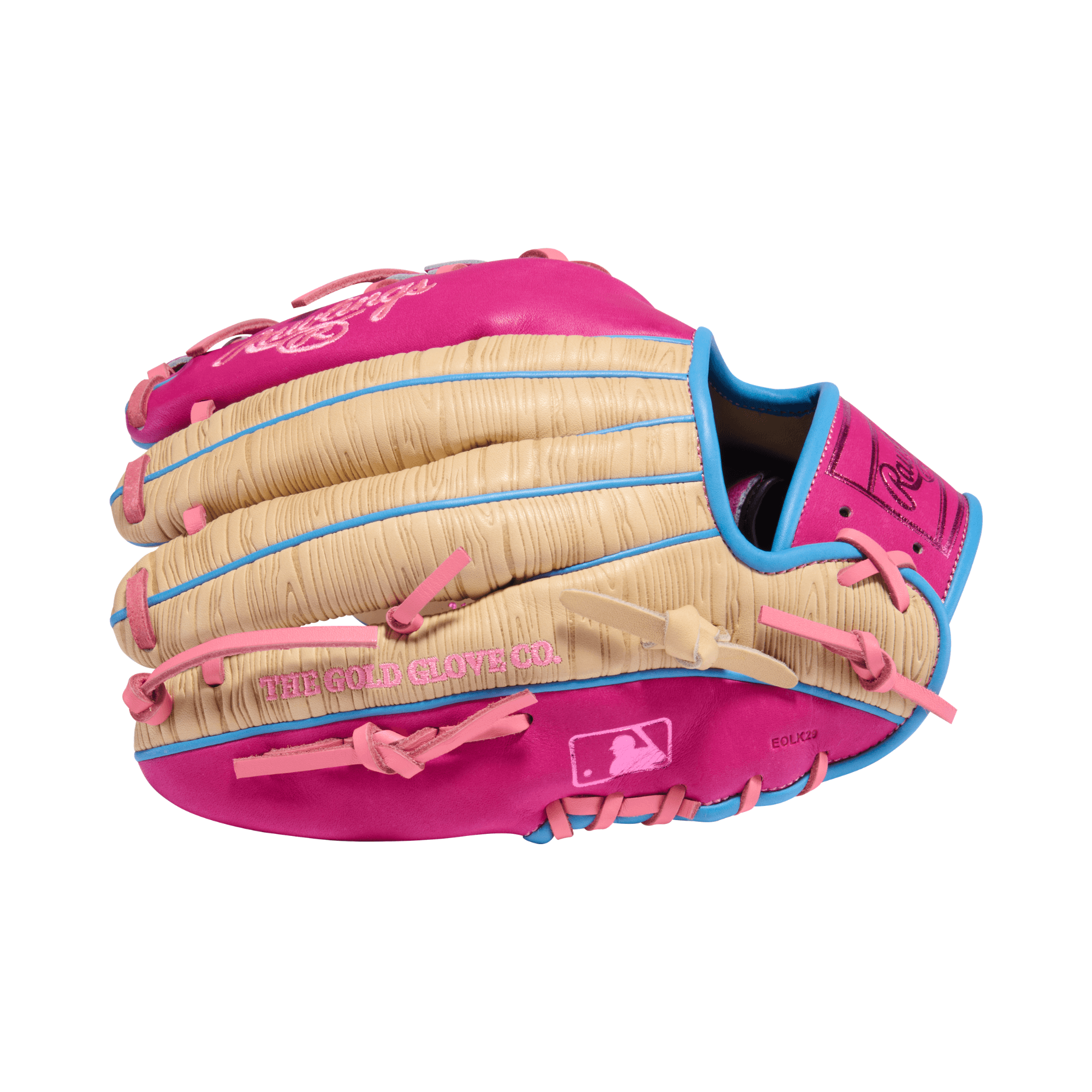 Backhand view of Rawlings HOH ColorSync 10 Woodgrain Pink 11.5" Baseball Glove with camel palm, pink leather, and pink lacing.
