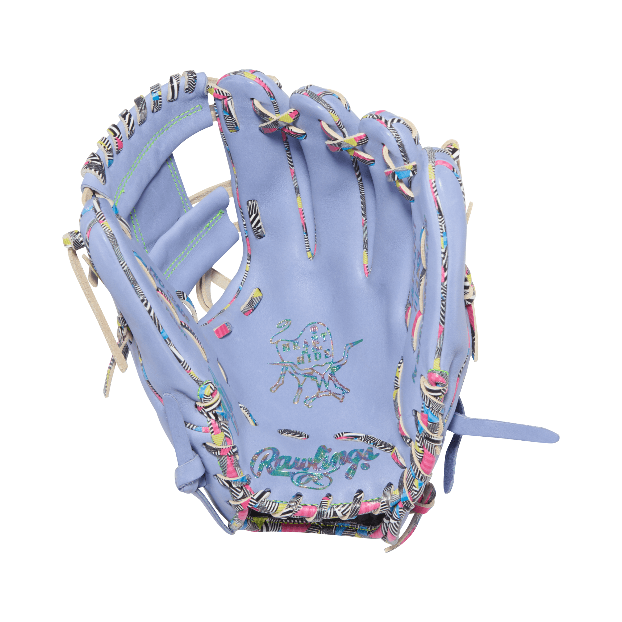 Backhand view of Rawlings HOH ColorSync 10 Periwinkle Mint 11.5" Infield Glove with colorful accents and mint laces.
