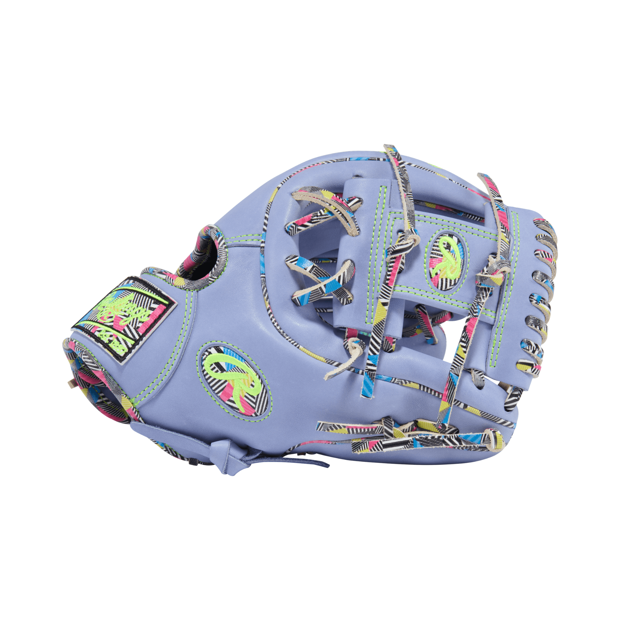 Rawlings HOH ColorSync 10 Periwinkle Mint 11.5" Infield Glove backhand view, I-web, mint laces
