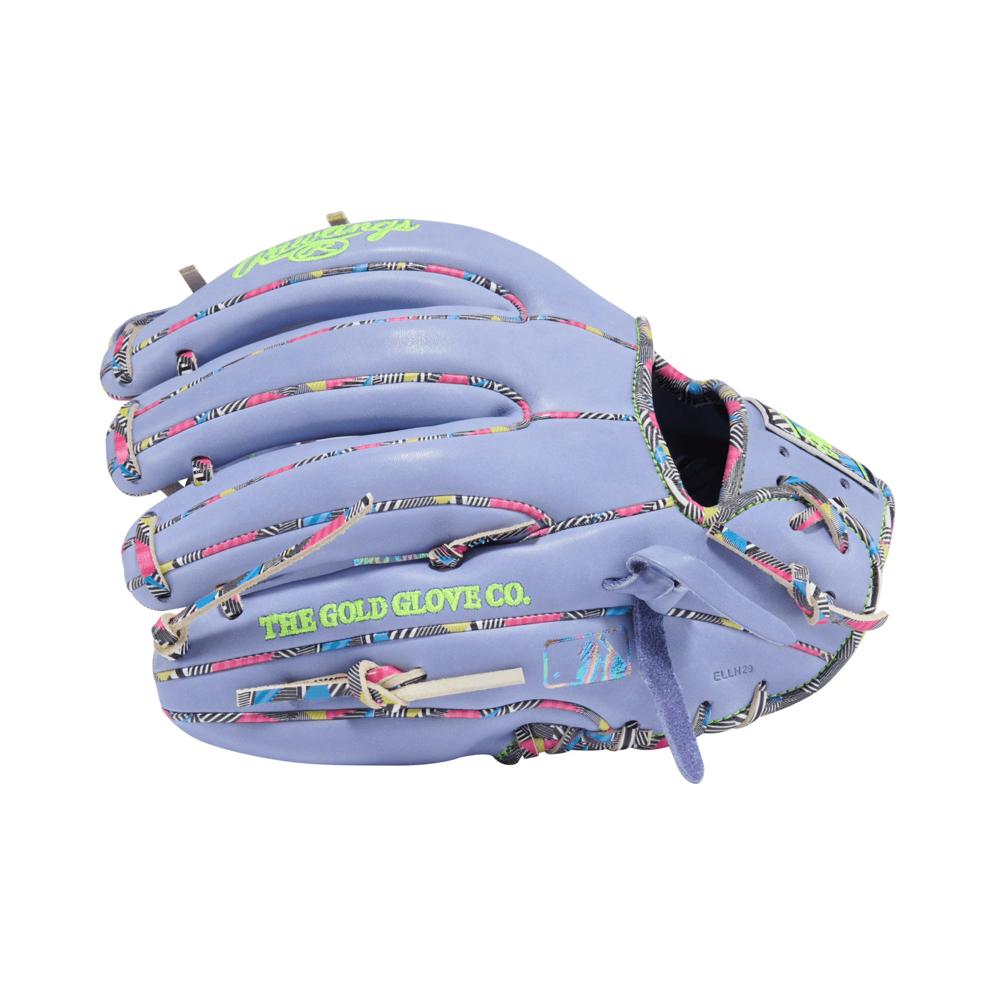 Backhand view of Rawlings HOH ColorSync 10 Periwinkle Mint 11.5" Infield Glove with mint accents and H-web design.