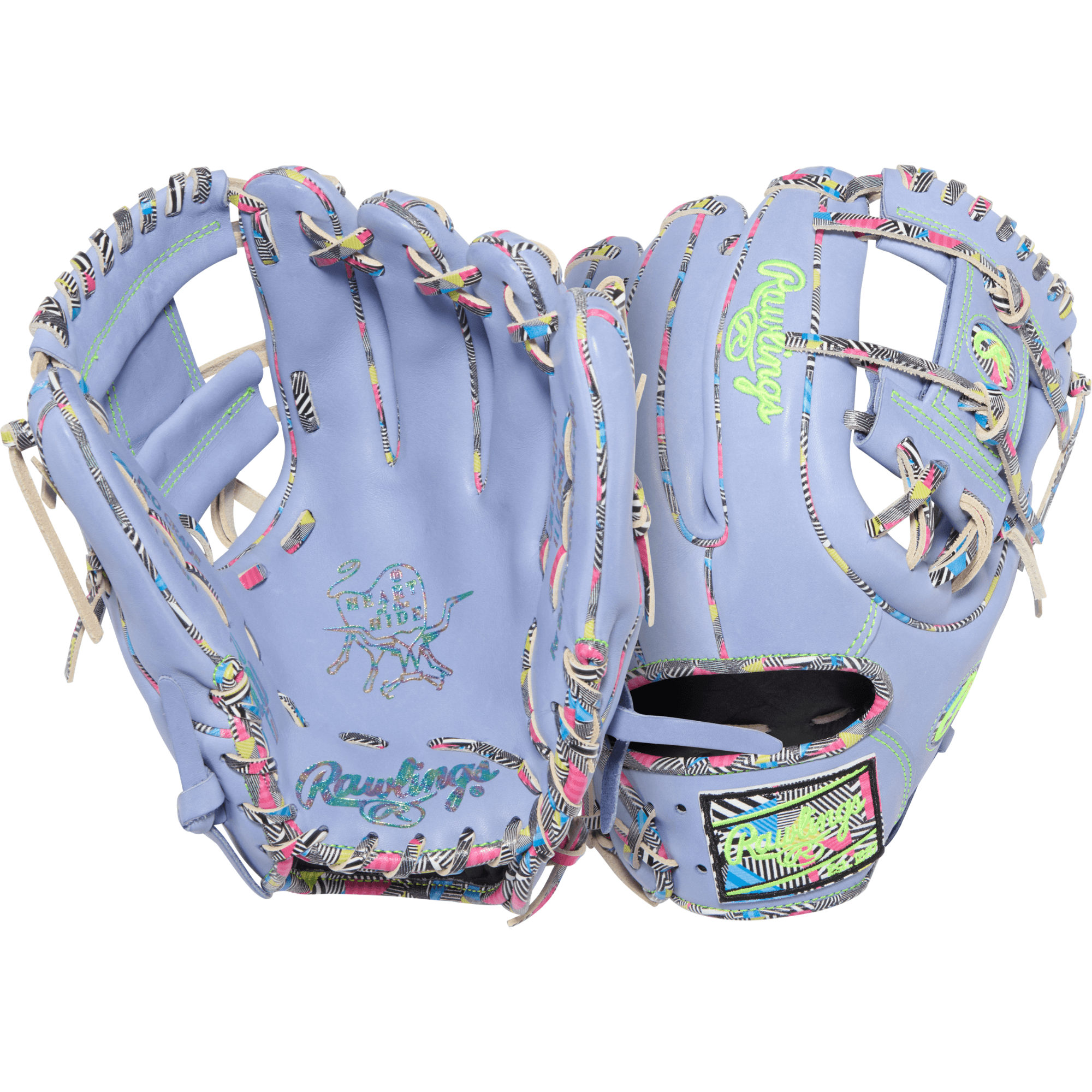 Rawlings HOH ColorSync 10 Periwinkle Mint 11.5" Infield Glove, palm and backhand view, I-web, multi-color laces.