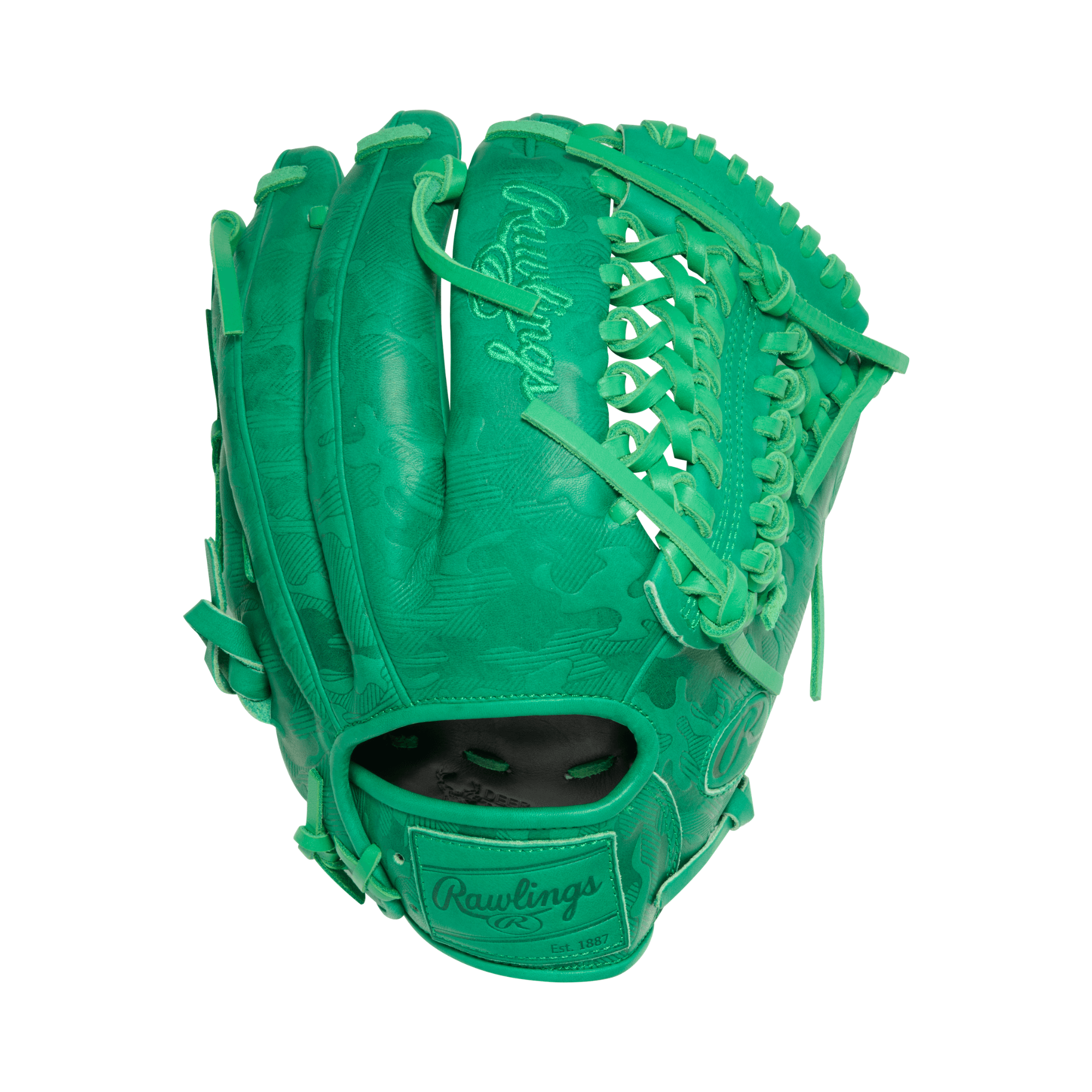 Backhand view of Rawlings HOH ColorSync 10 Kelly Green Camo 11.75" Baseball Glove with embossed camo pattern and H-web.