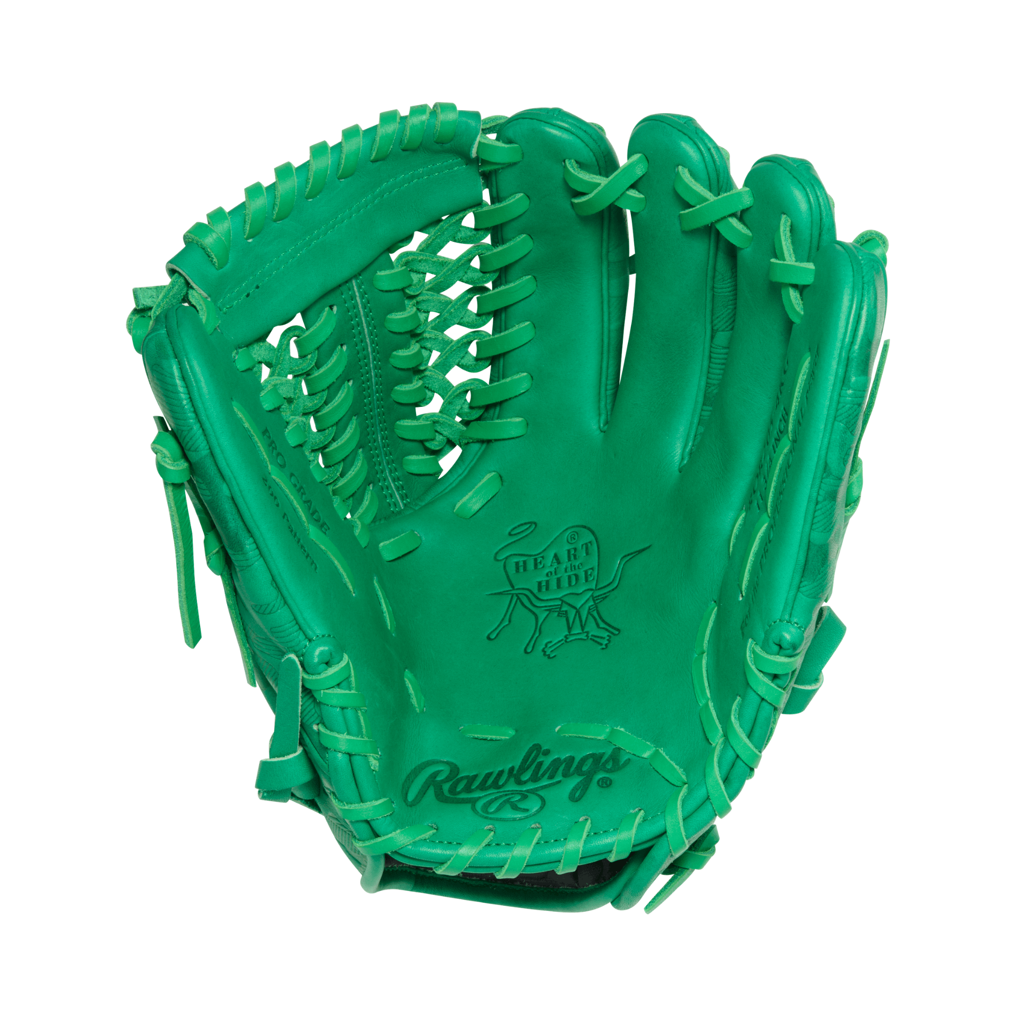 Rawlings HOH ColorSync 10 Kelly Green Camo 11.75" Baseball Glove palm view with embossed camo texture and Kelly green lacing.
