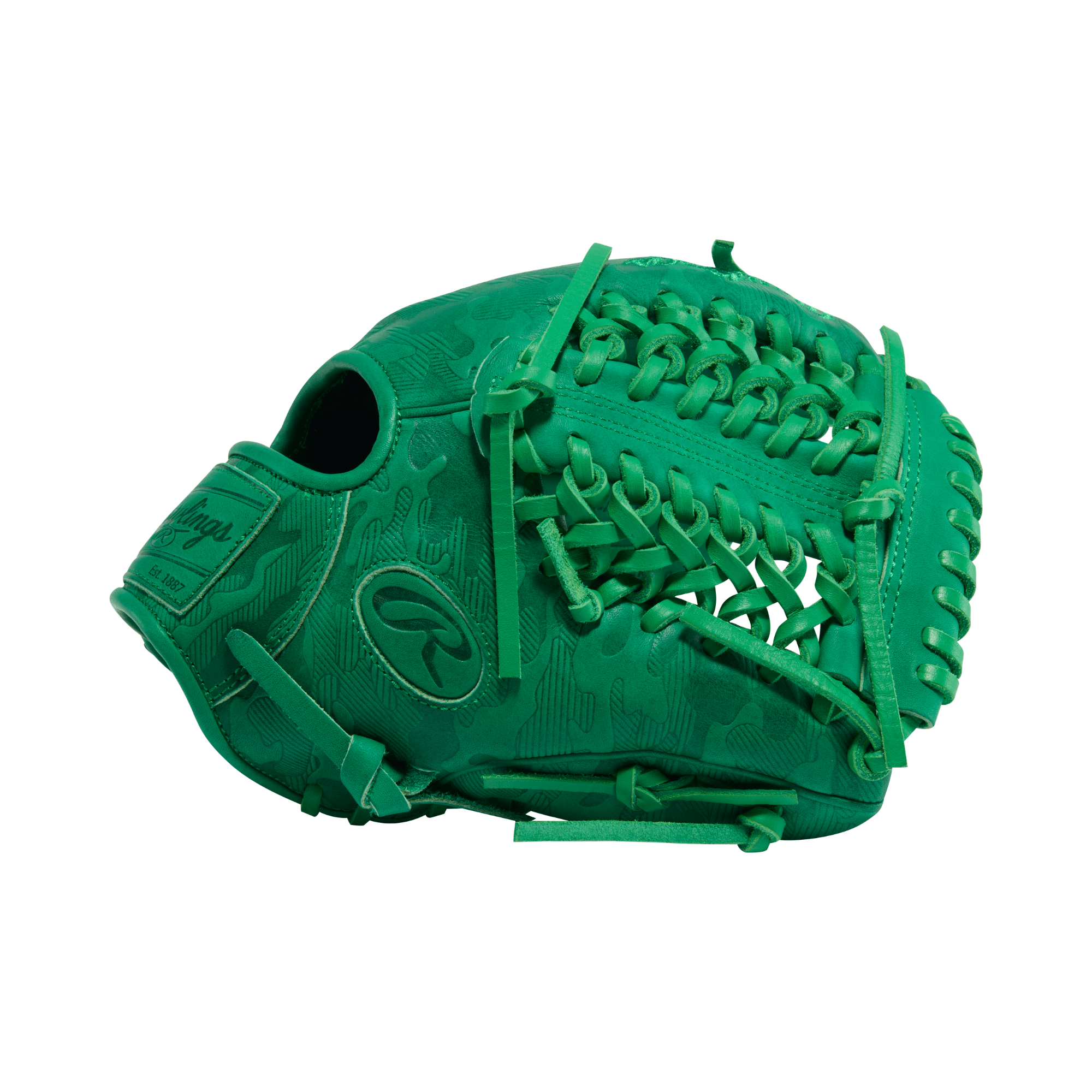 Rawlings HOH ColorSync 10 Kelly Green Camo 11.75" Baseball Glove side view with H-web lacing and embossed camo pattern.