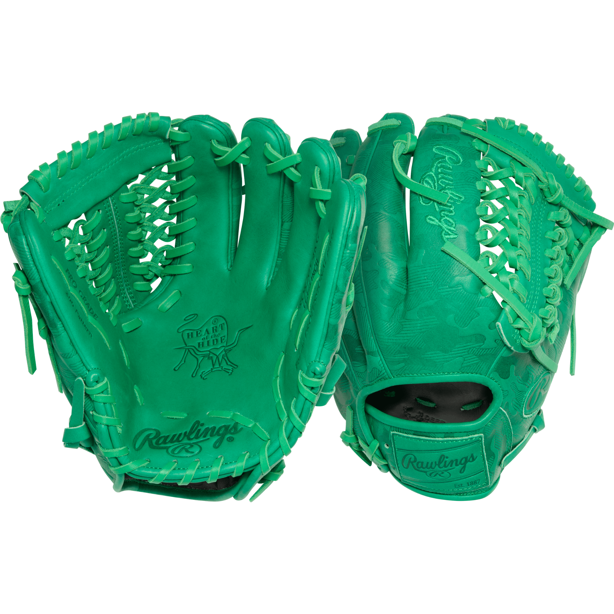 Rawlings HOH ColorSync 10 Kelly Green Camo 11.75" Baseball Glove palm and backhand view with I-web.
