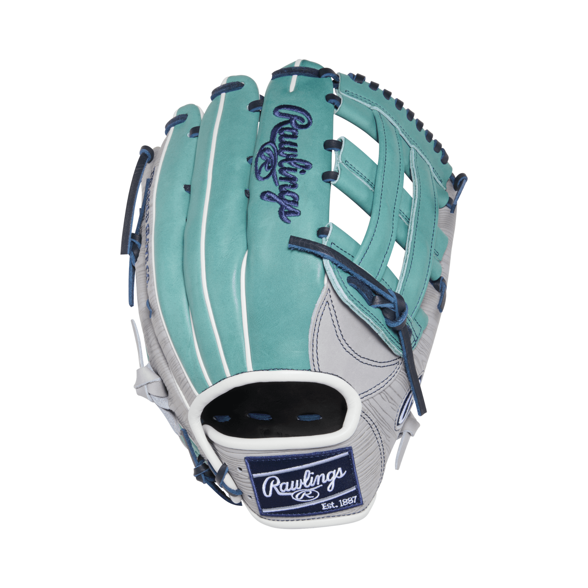 Rawlings HOH ColorSync 10 Woodgrain Sage 12.75" Glove backhand view with sage leather, gray shell, and H-web design.