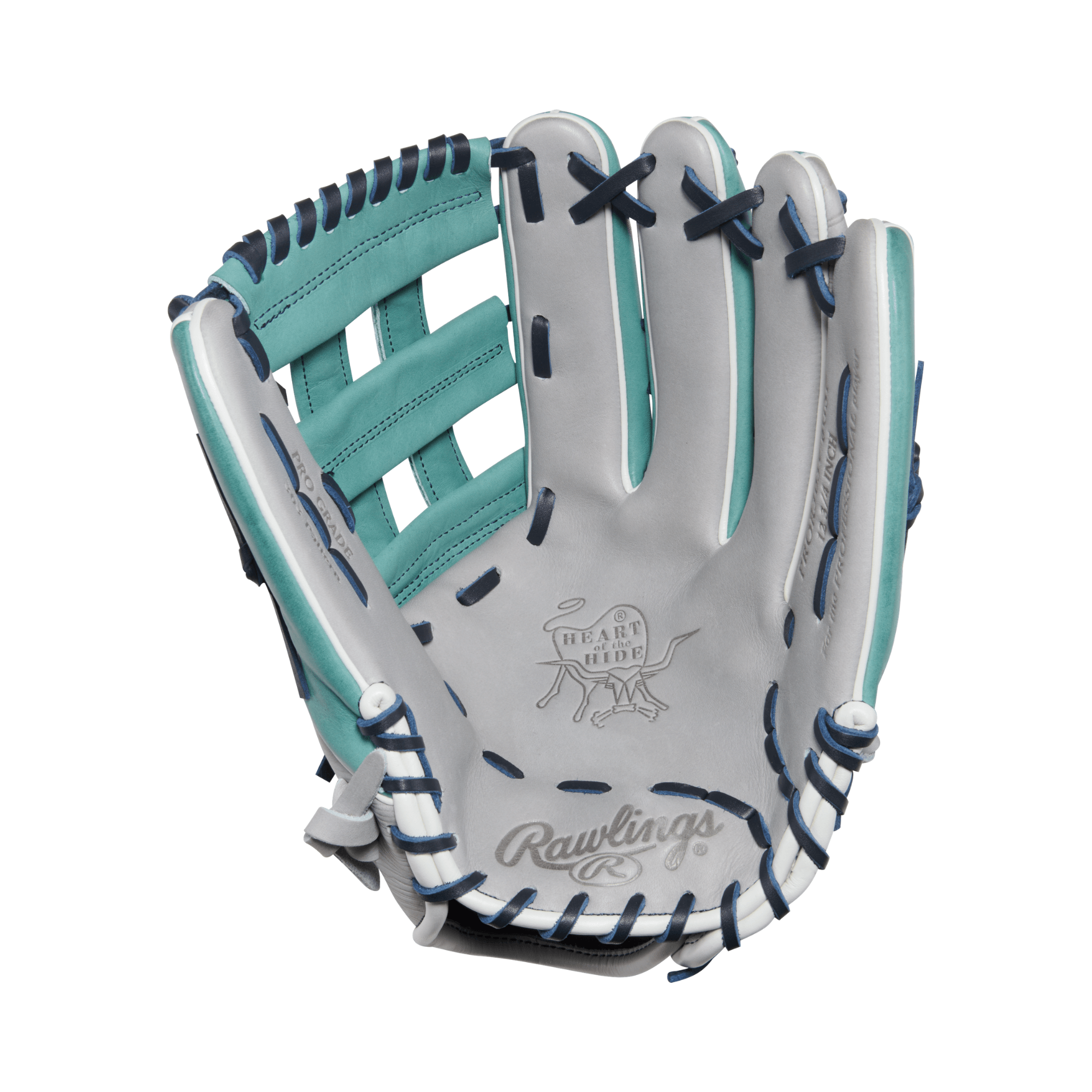 Palm view of Rawlings HOH ColorSync 10 Woodgrain Sage 12.75" Glove with gray shell, sage accents, and dual post web.