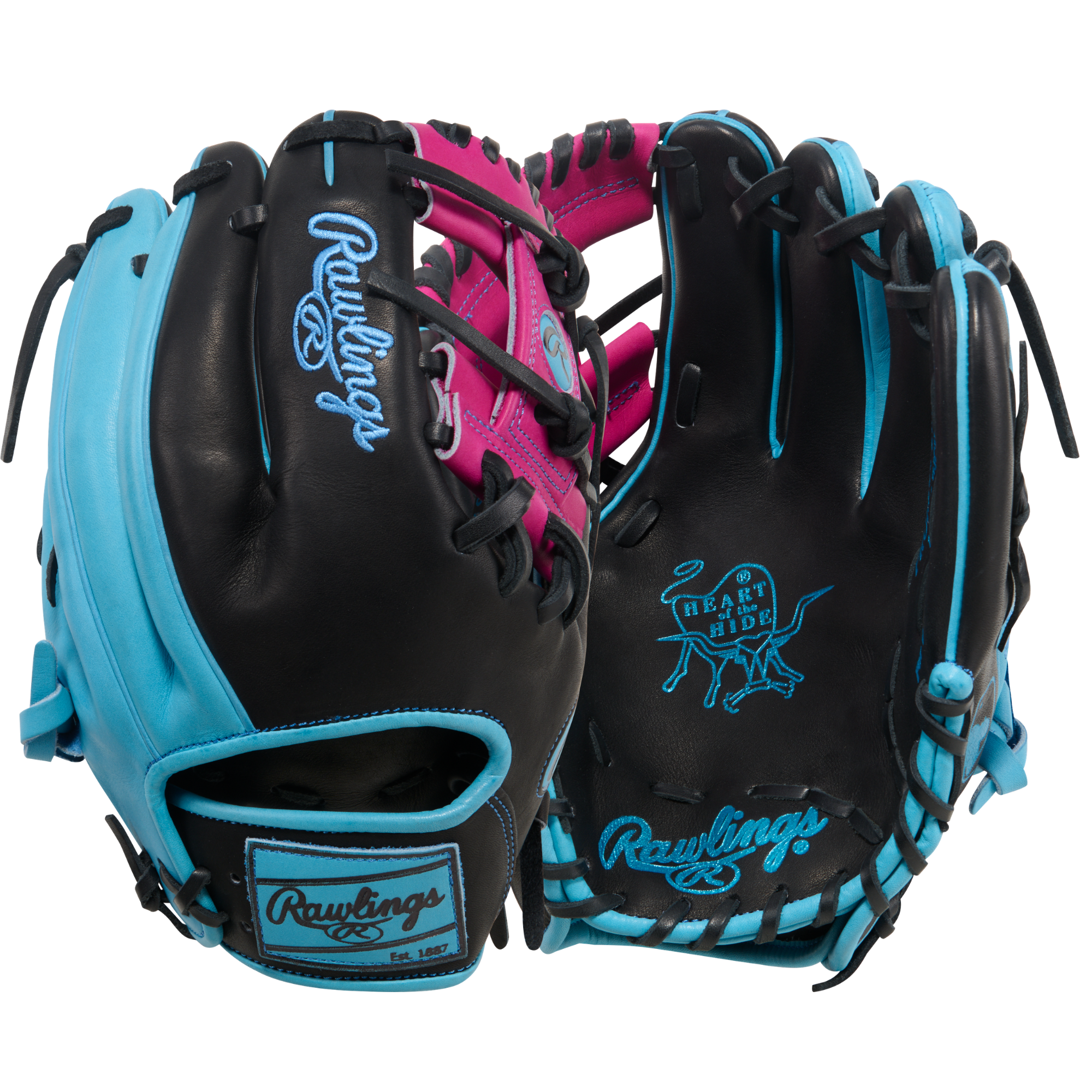 Rawlings Heart of the Hide PROR204-2BBE 11.5" Infield Baseball Glove, palm and backhand view, black with blue and pink accents