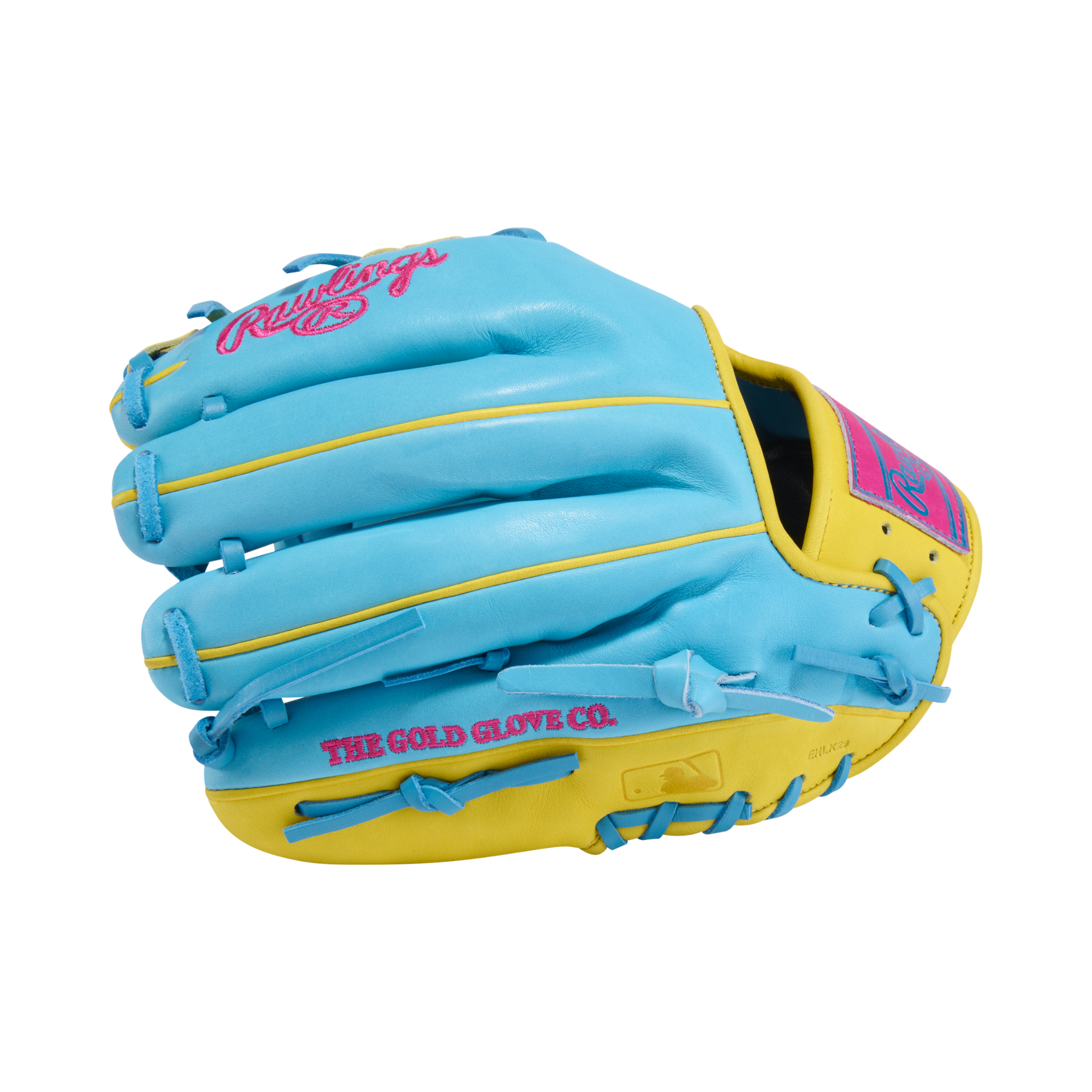 Rawlings Heart of the Hide PROR204-2CBYBE 11.5" infield baseball glove backhand view, blue with yellow accents and pink lacing.