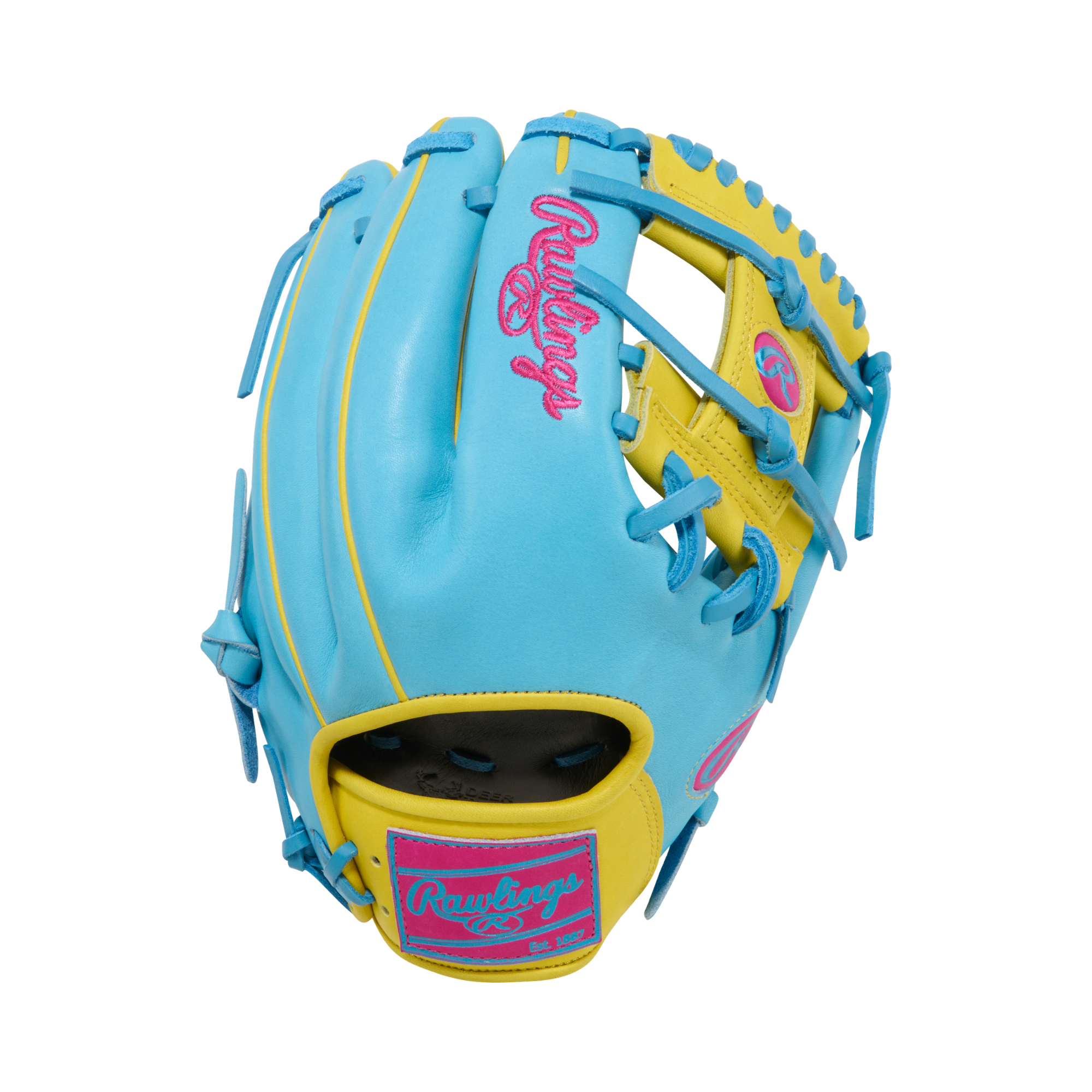 Rawlings Heart of the Hide PROR204-2CBYBE 11.5" Infield Baseball Glove backhand view, blue and yellow, pink lacing and logo.